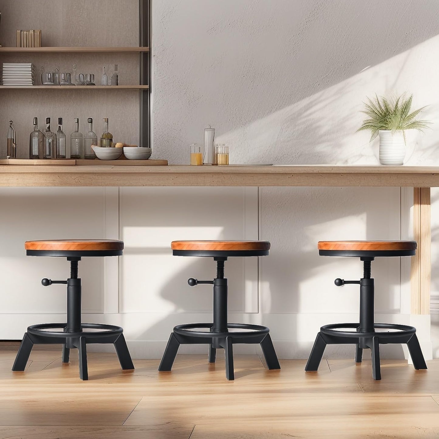 Set of 2 Industrial Bar Stools Short Stool Swivel Wooden Seat Kitchen Island Chairs Counter Height Adjustable 15.2-21inch