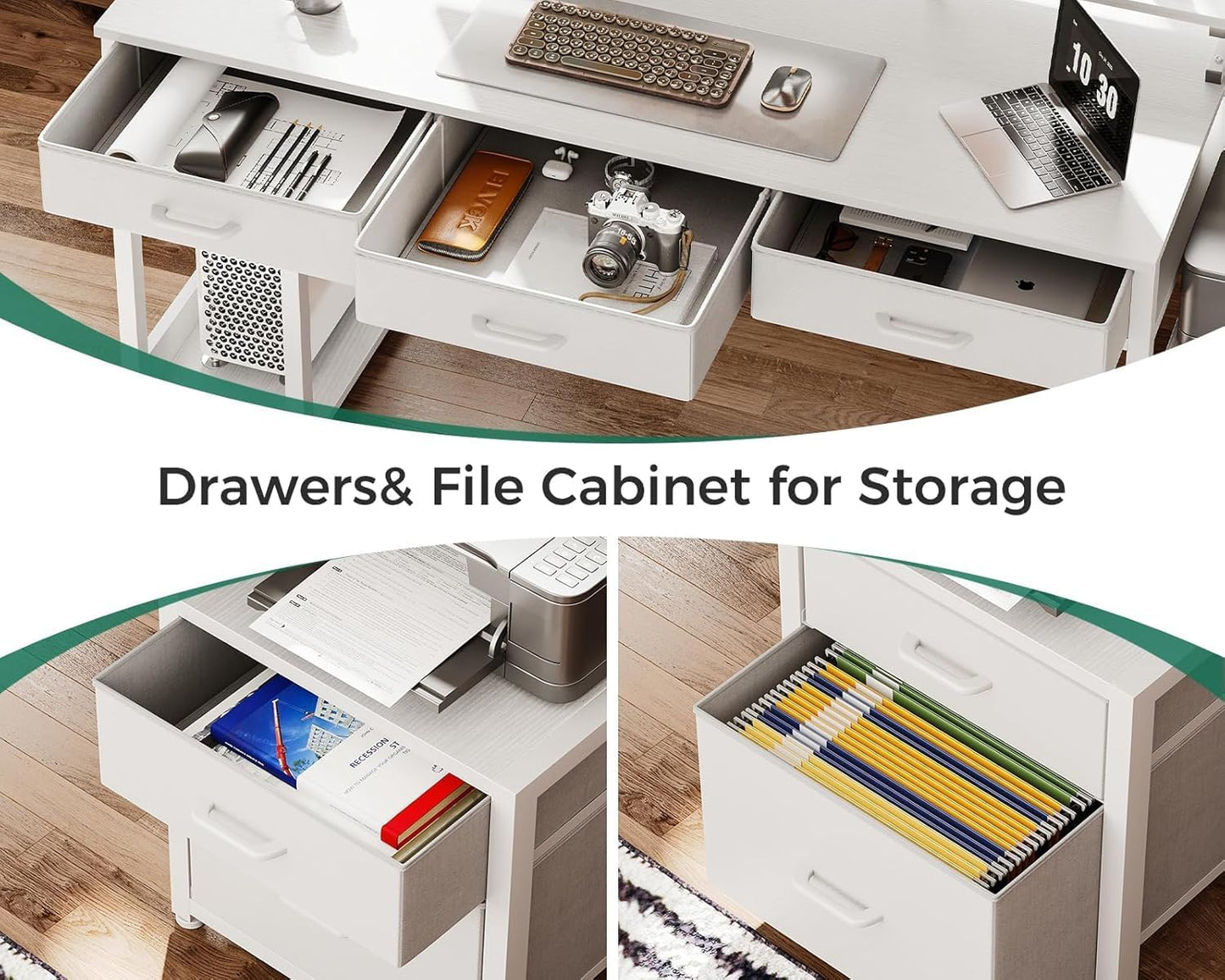 AODK 55 Inch Computer Desk with 3 Drawers and File Cabinet for Storage, Office Desk with Monitor Stand and LED Lights, Home Office Desks, White