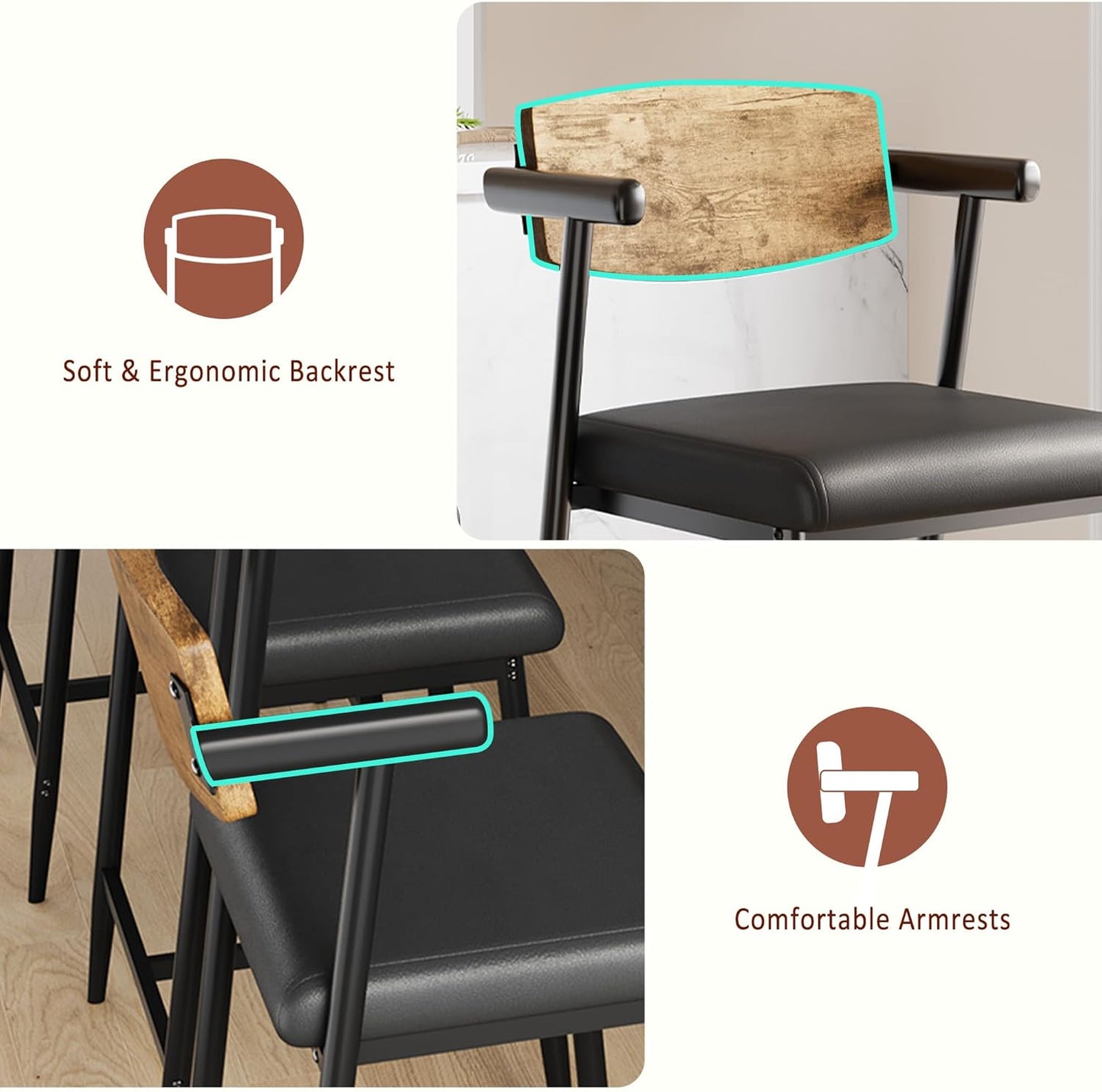 GarveeHome Counter Height Bar Stools Set of 2 with Arms, 26" Upholstered Modern Bar Stools Set with Wood Back & Footrest for Kitchen Island, Counter Bar, Wider Seat, Easy Assembly, Retro Brown