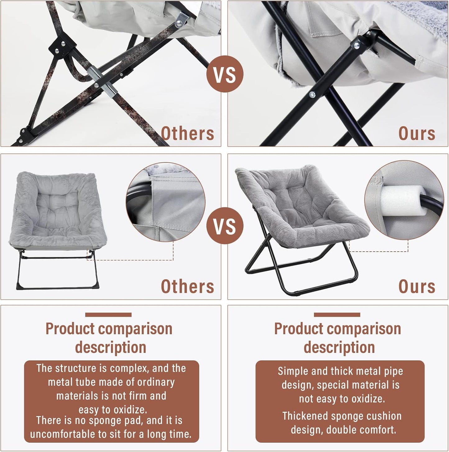 Tiita Comfy Saucer Chair, Soft Faux Fur Oversized Folding Accent Chair, Lounge Lazy Chair for Kids Teens Adults, Metal Frame Moon Chair for Bedroom, Living Room, Dorm Rooms, X-Large, Grey