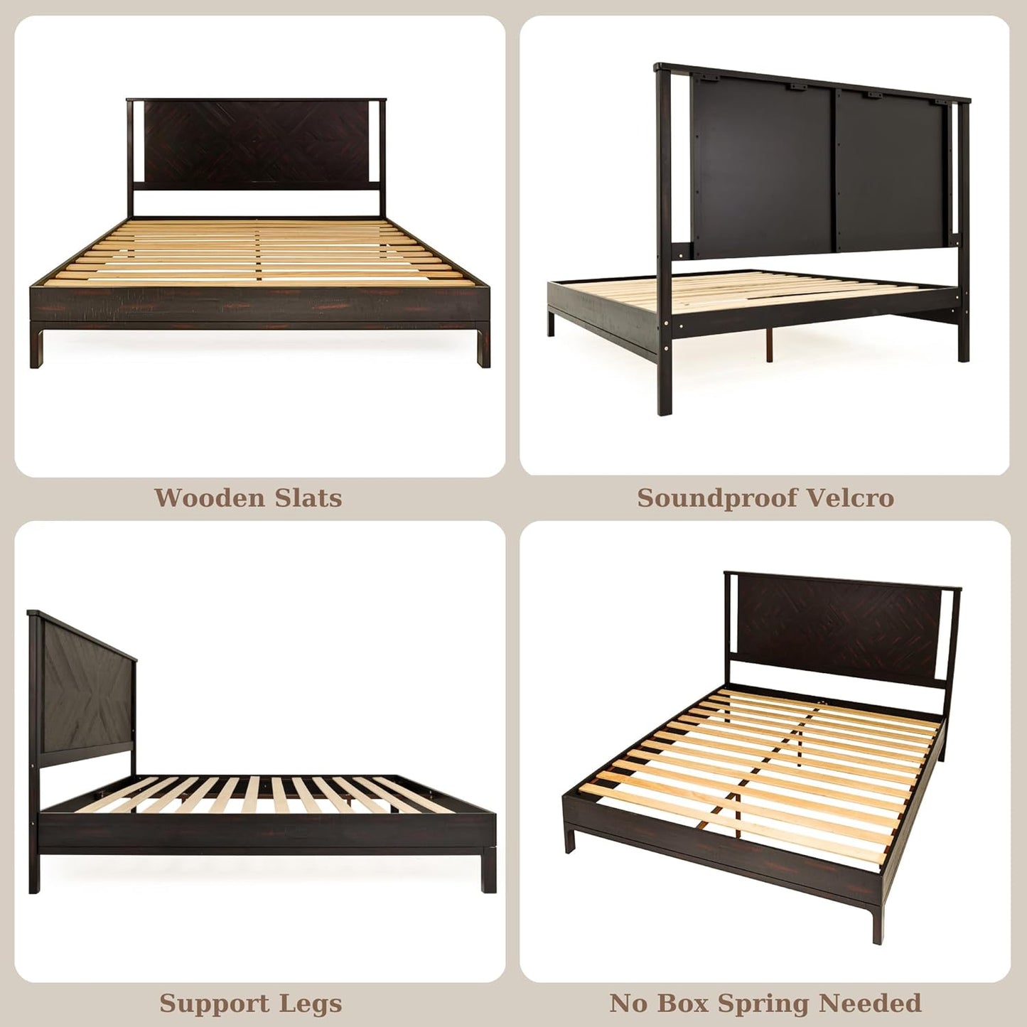 Bme Ethan King Size Bed Frame with Diamond Headboard, Rustic Mid-Century Modern, Solid Acacia Wood, No Box Spring Needed, Slat Support, Rustic Black