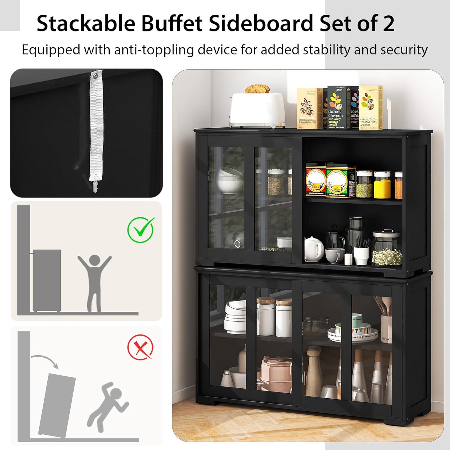 Costzon Sideboard Buffet Cabinet of 2, Wooden Kitchen Storage Cabinet with Adjustable Shelf, Sliding Glass Doors, Accent Coffee Bar Cabinet Console Table for Living Room, Dining Room, Hallway