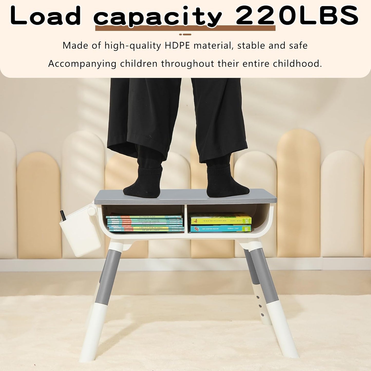 Kids Study Desk and Chair Set Height Adjustable Graffiti Desktop Storage Drawer Storage Basket Non Slip Legs Suitable for Max Weight of 220 Pounds Suitable for Children Aged 2-10(Grey 2Chair)