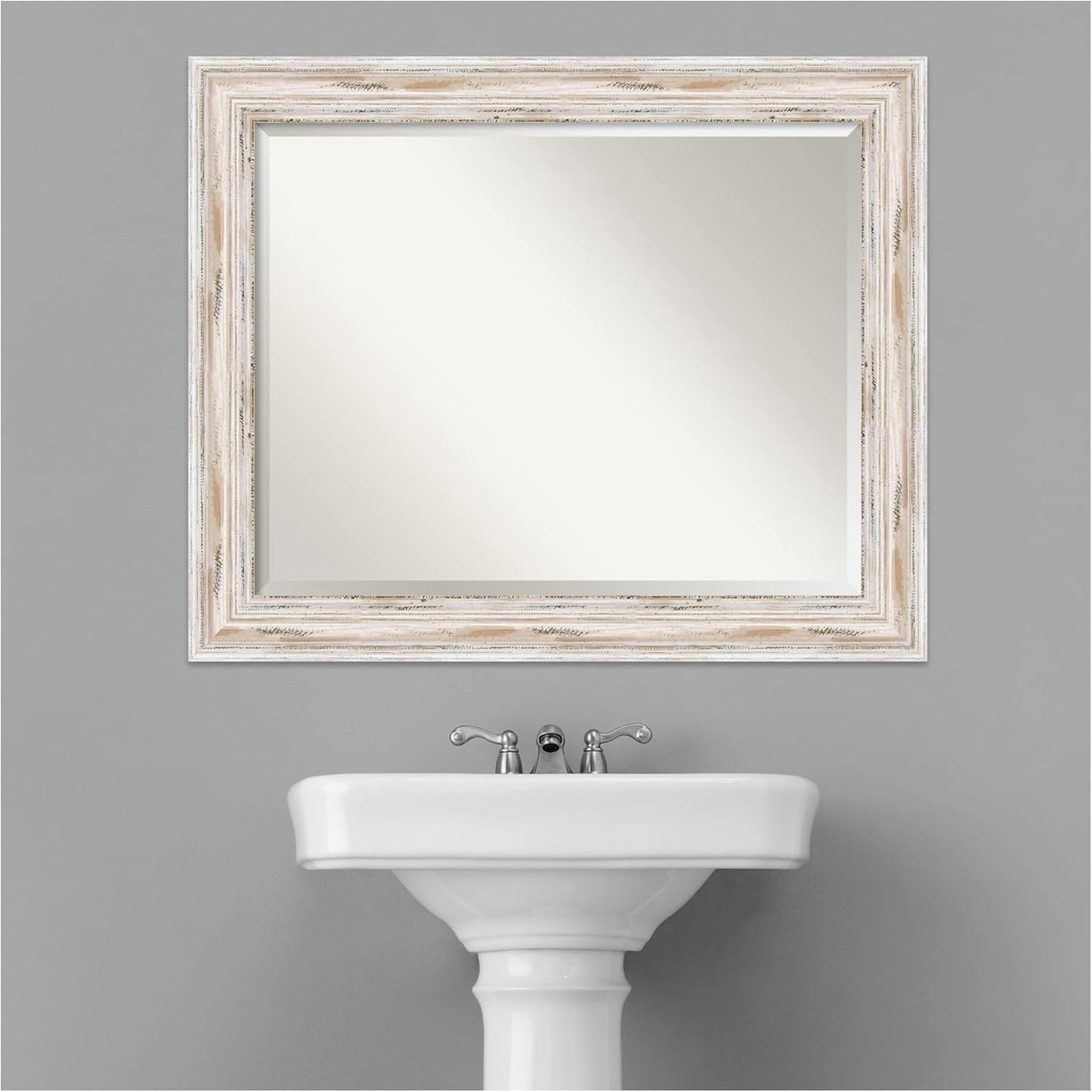 Amanti Art White Bathroom Mirror for Over Sink, 27x33 Alexandria White Wash Rectangle Vanity Mirror, Large Coastal Wood Frame, Hangs Horizonally and Vertically, Bathroom Wall Decor, Beveled Edge