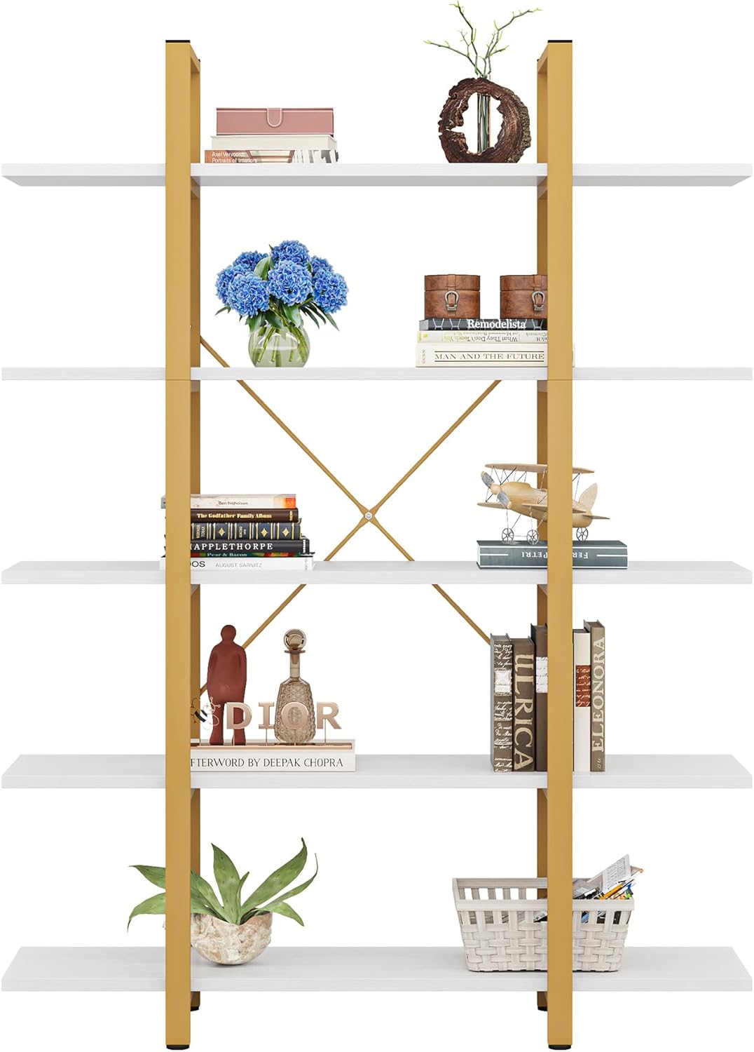Tribesigns 5-Tier Bookshelf, Vintage Industrial Style Bookcase 70 ‘’ H x 12’’ W x 47’’L, Gold