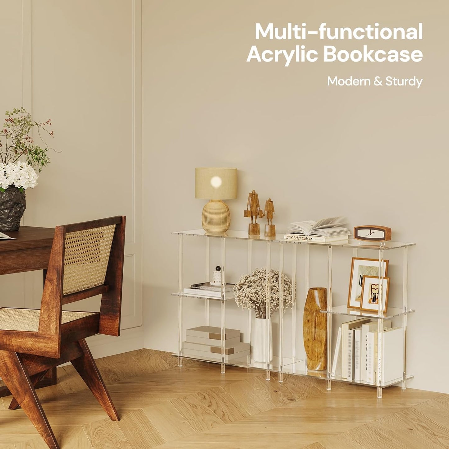 Acrylic 3-Cube Bookshelf for Small Spaces, 11.6" D x 23.6" W x 26.5" H, Clear Short Bookcase, Modern, 3-Tier Open Book Shelf for Living Room, Bedroom, Office, Easy Assembly