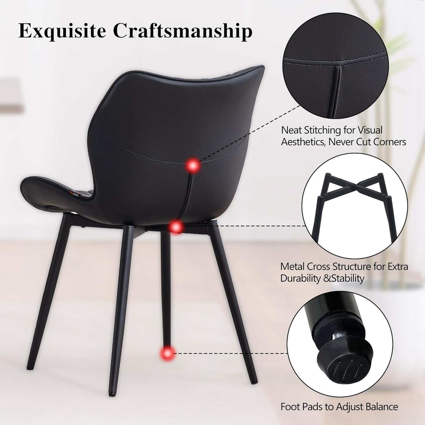 YOUNIKE Dining Chairs Set of 2, Upholstered Faux Leather Kitchen & Dining Room Chairs, Modern Living Room Bedroom Side Chairs with Wide Wing Back and Adjustable Metal Legs, Black