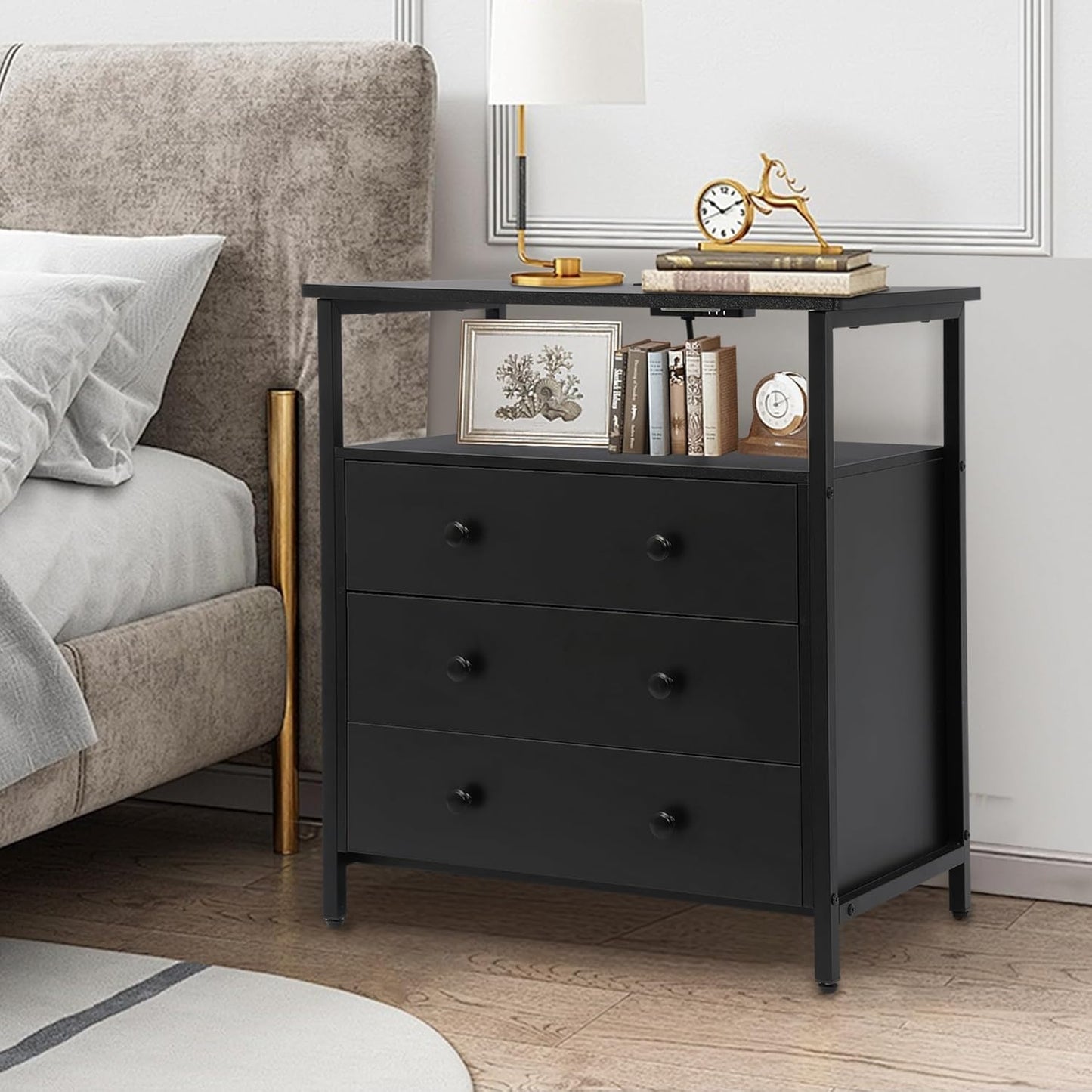 3 Wooden Drawers Night Stand, 27 Inch Wide Nightstand with Charging Station and Adjustable Drawers, Bedside Table for Living Room/Bedroom/Office, Black.