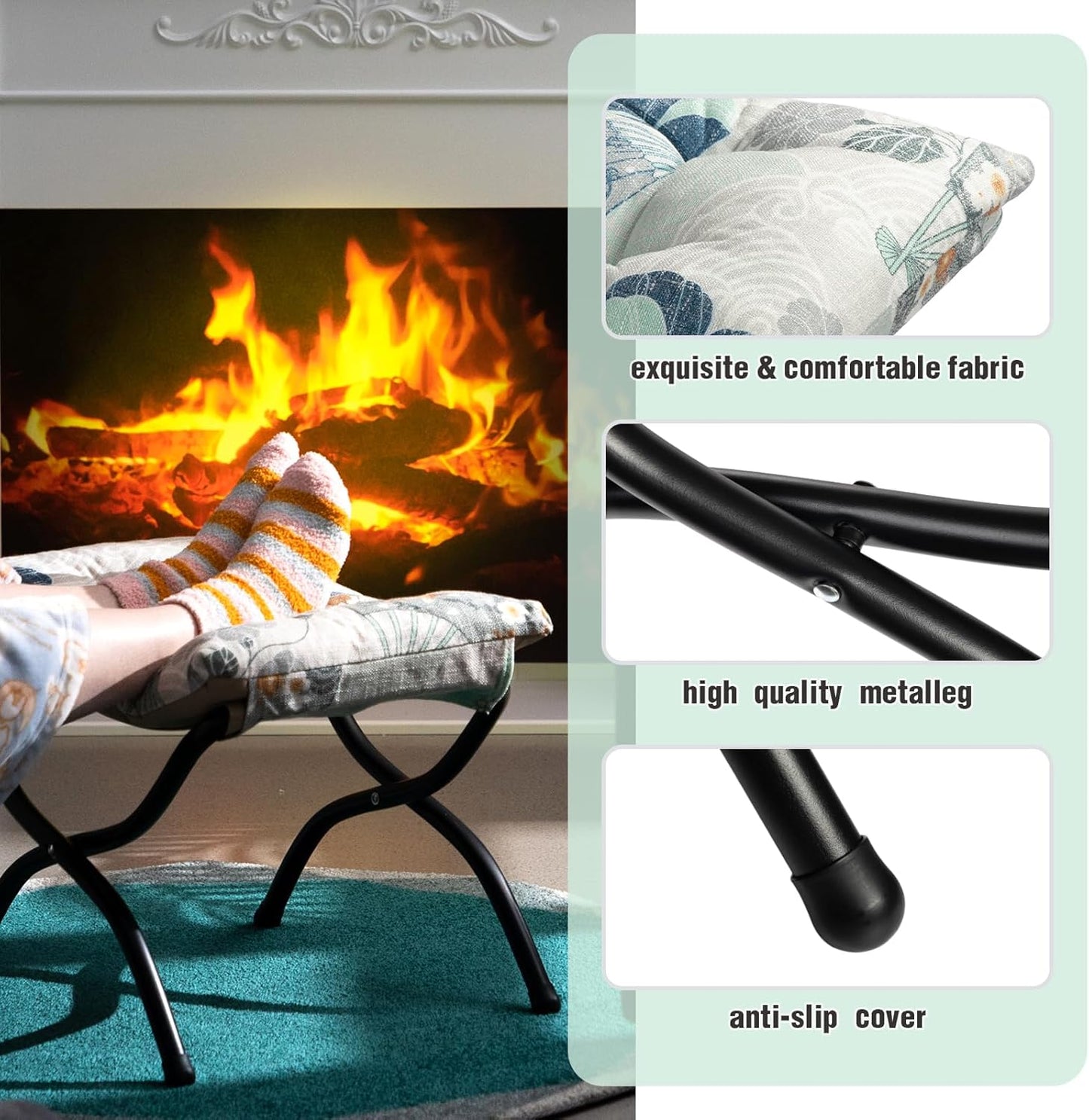 HollyHOME 15"(H) Folding Footrest Stool, Upholstered Small Foldable Ottoman, Accent Padded Sofa Foot Stool for Lazy Chair, Metal Frame Portable Foot Rest Ottoman for Living Room, Bedroom, Fan Print