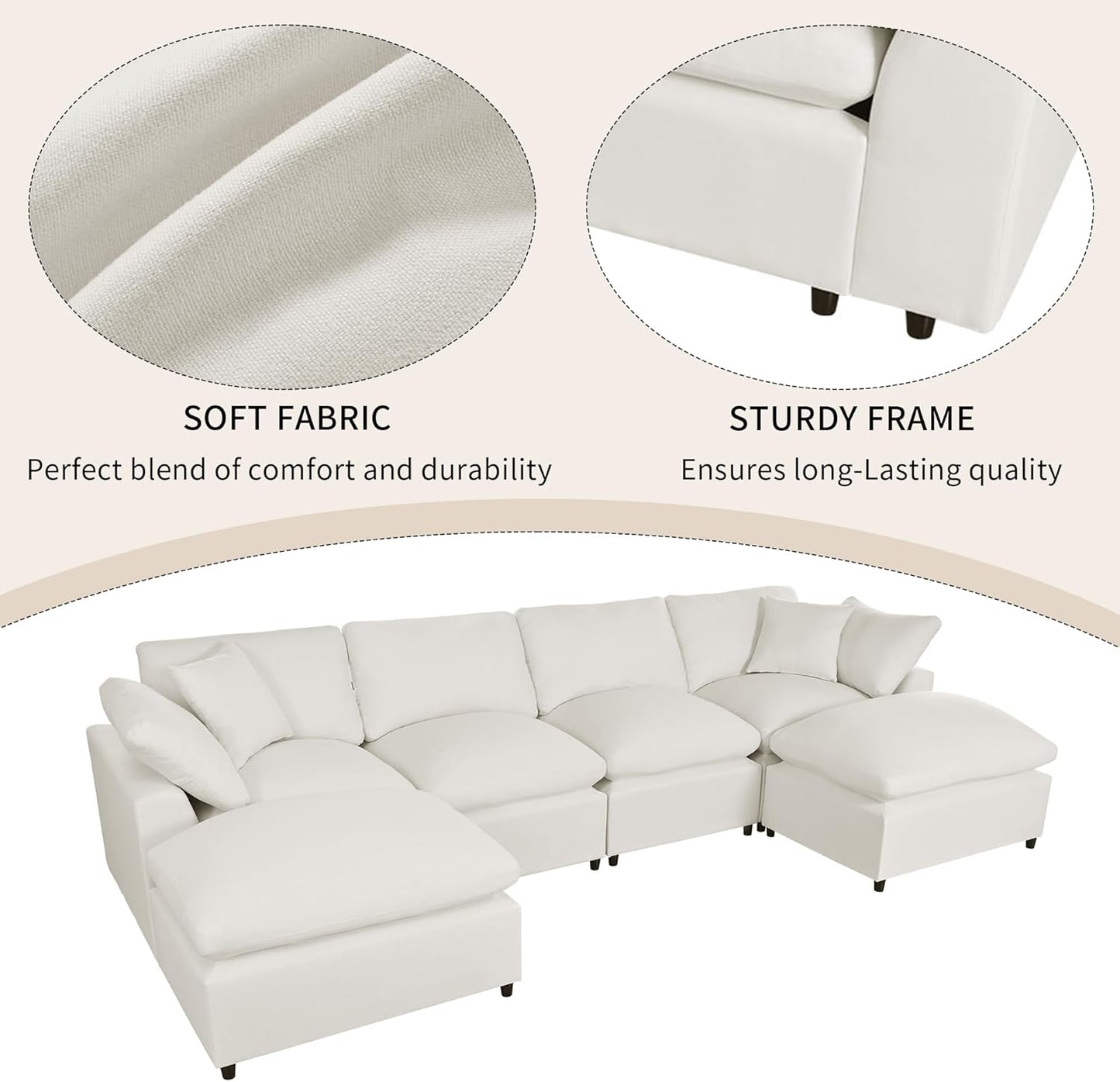 134.4 Inch U-Shaped Oversized Upholstered Sectional Sofa with Removable Ottomans, Large 6 Seater Modular Combination Corner Couch for Living Room, Office, Spacious Space, Beige