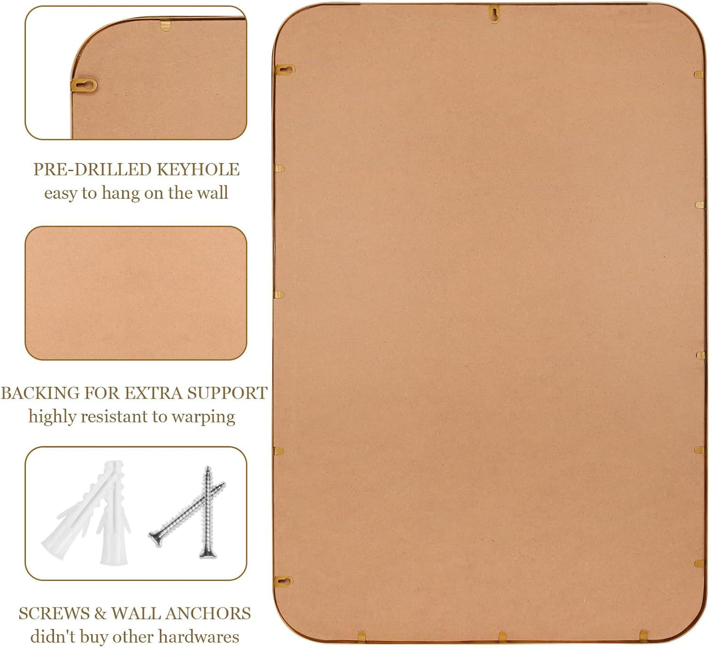 Wall Mirror for Bathroom - 20"x30" Rectangle Rounded Corner Beaded Frame Mirror, Large Vanity Mirror Hangs Horizontal or Vertical, Antique Gold