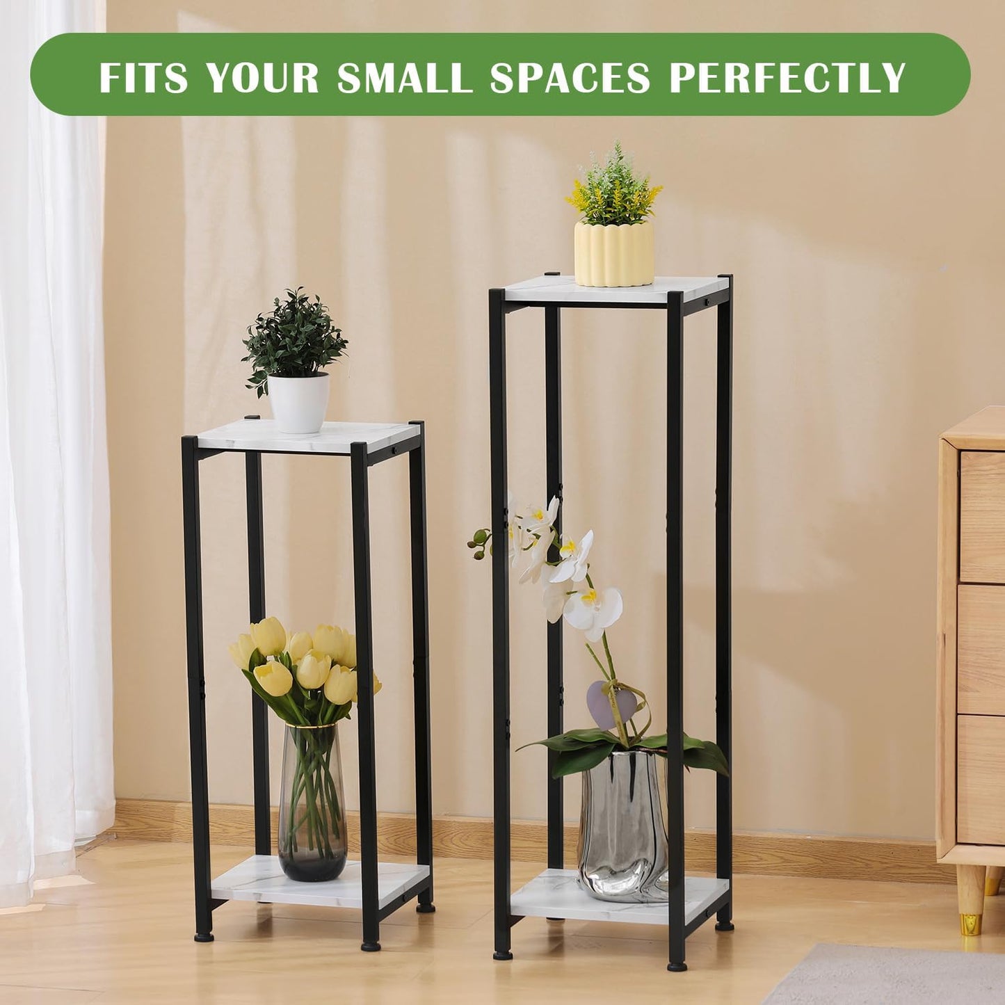Tall Plant Stand Indoor,31 Inch Plant Stands,2 Tier Metal Plant Stand with Heavy Duty Wood,Marble White and Black