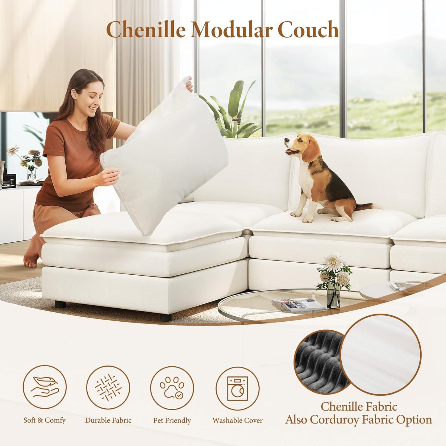 Vesgantti 142" Cloud Couch Sectional Modular Sofa, Comfy Sectional Couch with Ottoman Deep Seat Chenille L Shaped Sofa, Modular Couches for Living Room, Bedroom and Apartment, Snow White