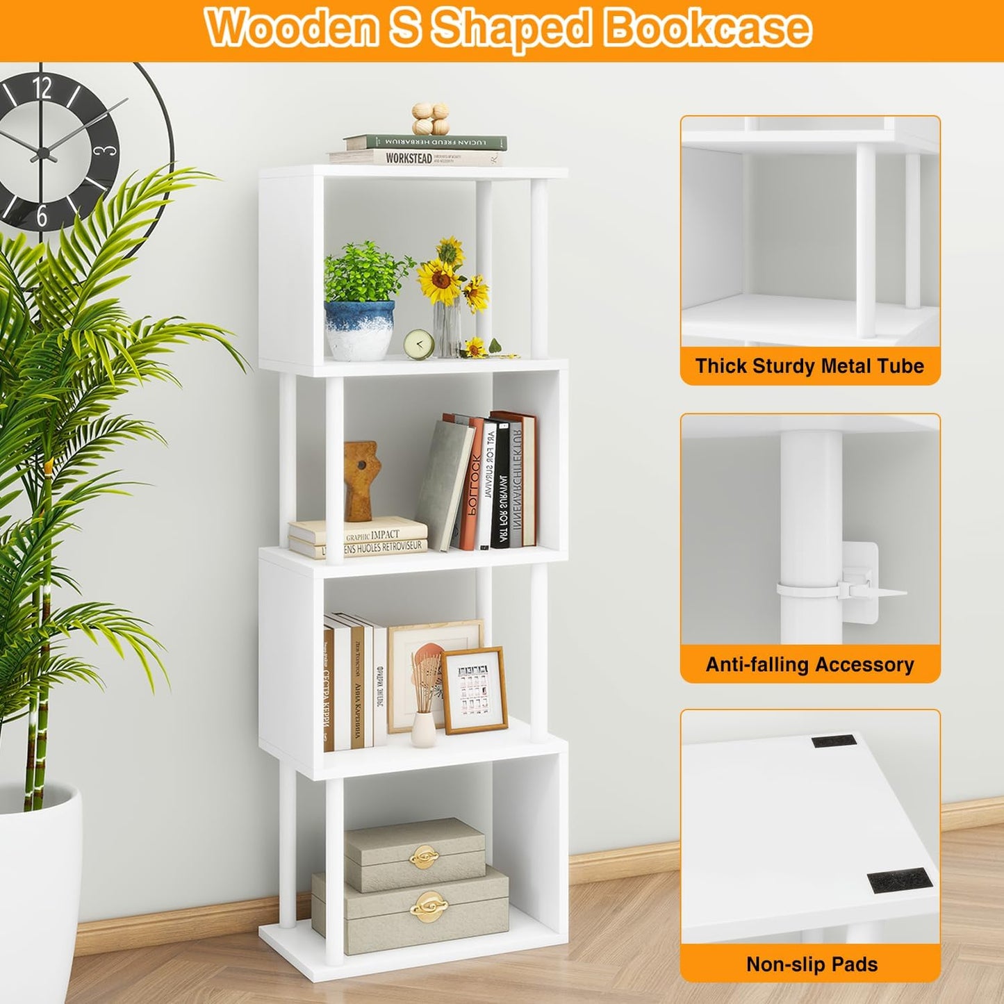 IBUYKE 5-Tier Tall Bookshelf,S-Shaped Geometric Bookcase, Wood Display Shelves with Storage,Modern Bookshelf for Living Room Bedroom, Home Office, White WBC015W