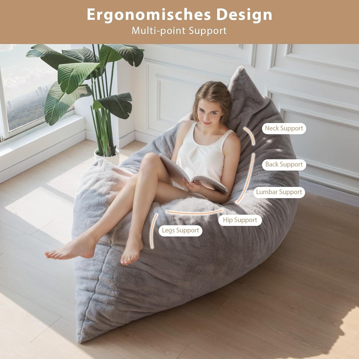 BYBYME 3 in 1 Bean Bag Chair, Convertible Chair Folds from Bean Bag to Lounger, High-Density Foam Filling, Faux Fur Big Sofa Bed, Giant Bean Bag Chair Bed for Adults