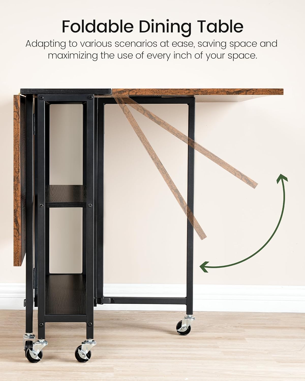 Folding Dining Table, Movable Dining Table, Expandable Kitchen Table, Versatile Table with 6 Wheels and 2-Tier Shelf, for Dining, Living Room, Apartment, Rustic Brown TCZ01BF