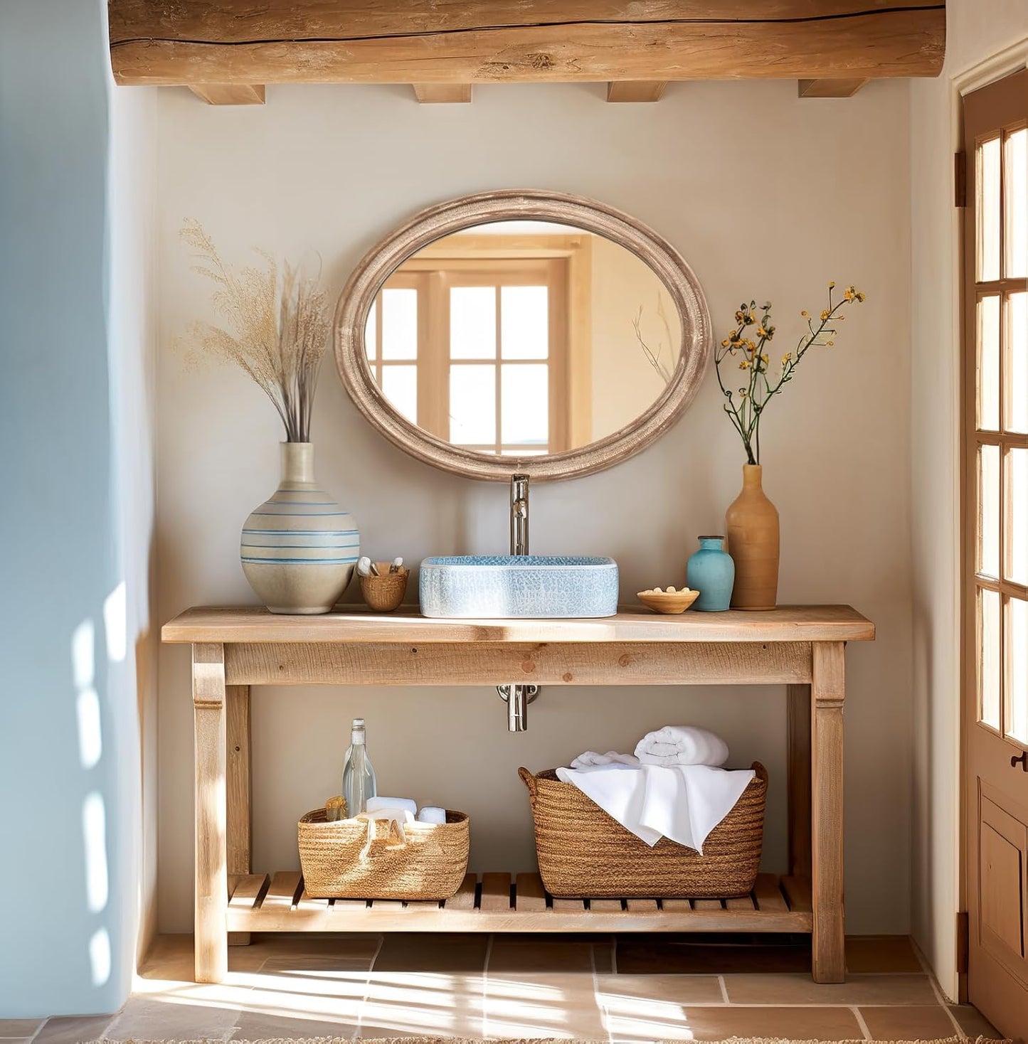 sawsile 24x30'' Rustic Oval Wood Mirror,Decorative Farmhouse Oval Mirrors,Vanity Nature Mirrors for Bedroom, Bathroom, Living Room,or Entryway