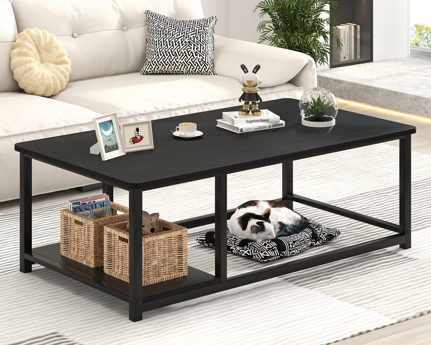 EXCEFUR Black Coffee Table, Rustic Wood Living Room Table with Storage Shelf, Modern Rectangle Center Table, 47 Inch