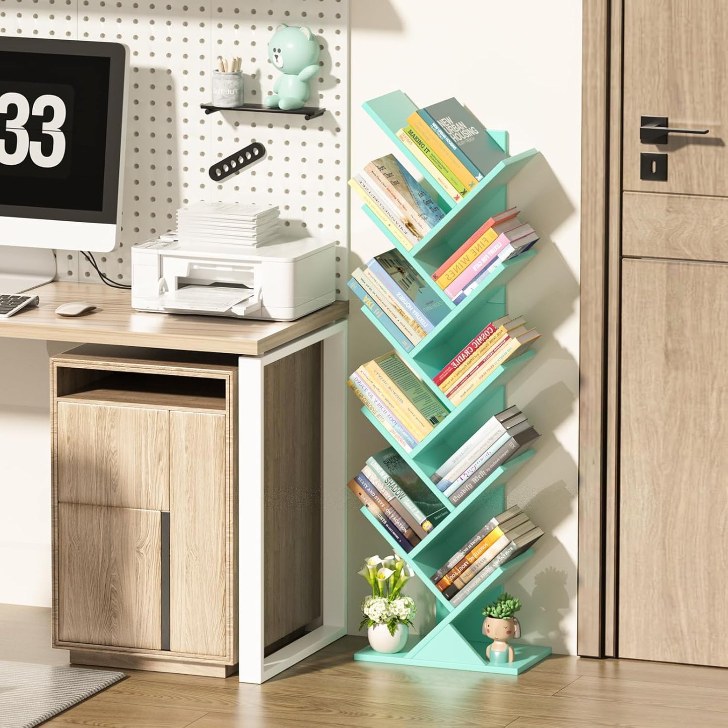 10 Tier Tree Book Shelf, Floor Standing Wood Bookshelf for Narrow Space, Storage Organizer Bookshelves for Books/CDs/Magazine, Bookcase with Shelves for Home Office, Living Room - Green