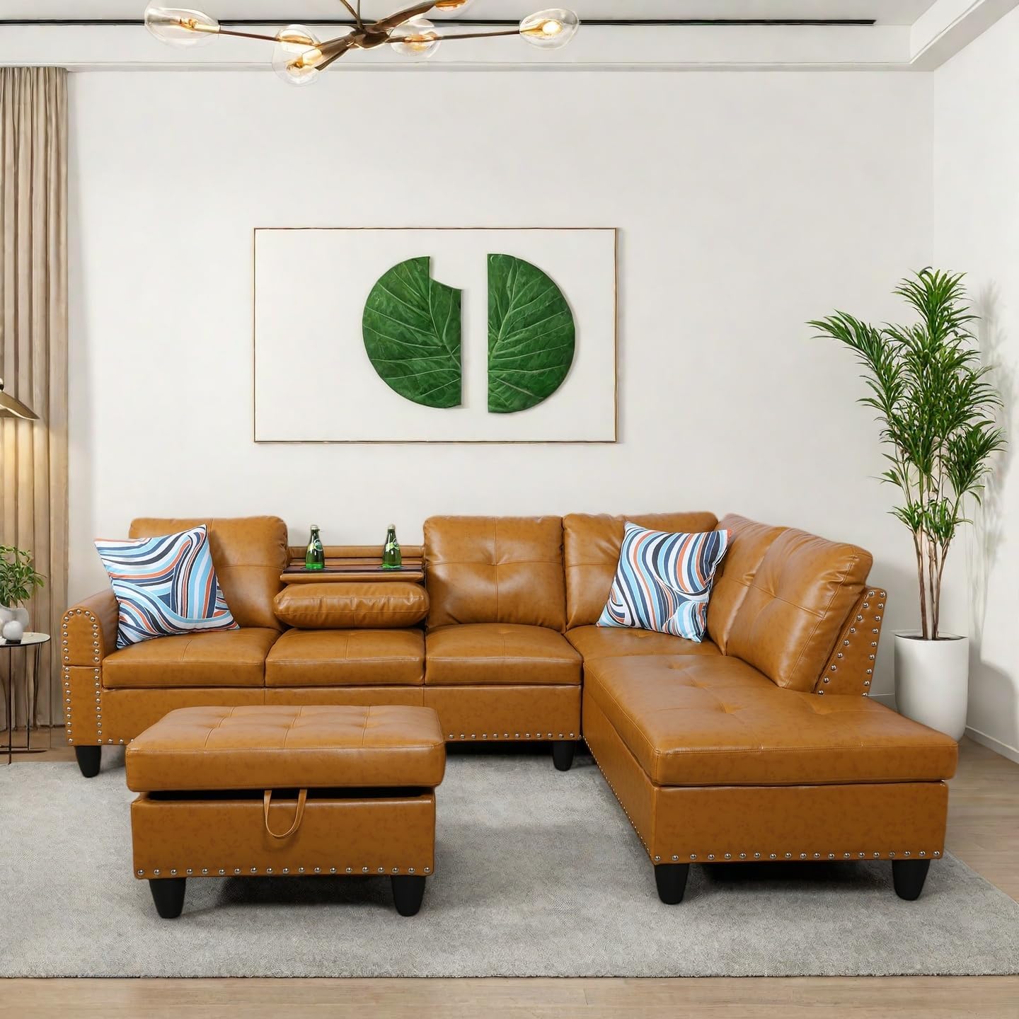 Modern Living Room Furniture Sets with Cup Holder, Modular Sectional Couches with Chaise Lounge, 4-Seaters L Shape Sofa with Storage Ottoman, for Living Room, Faux Leather, Ginger