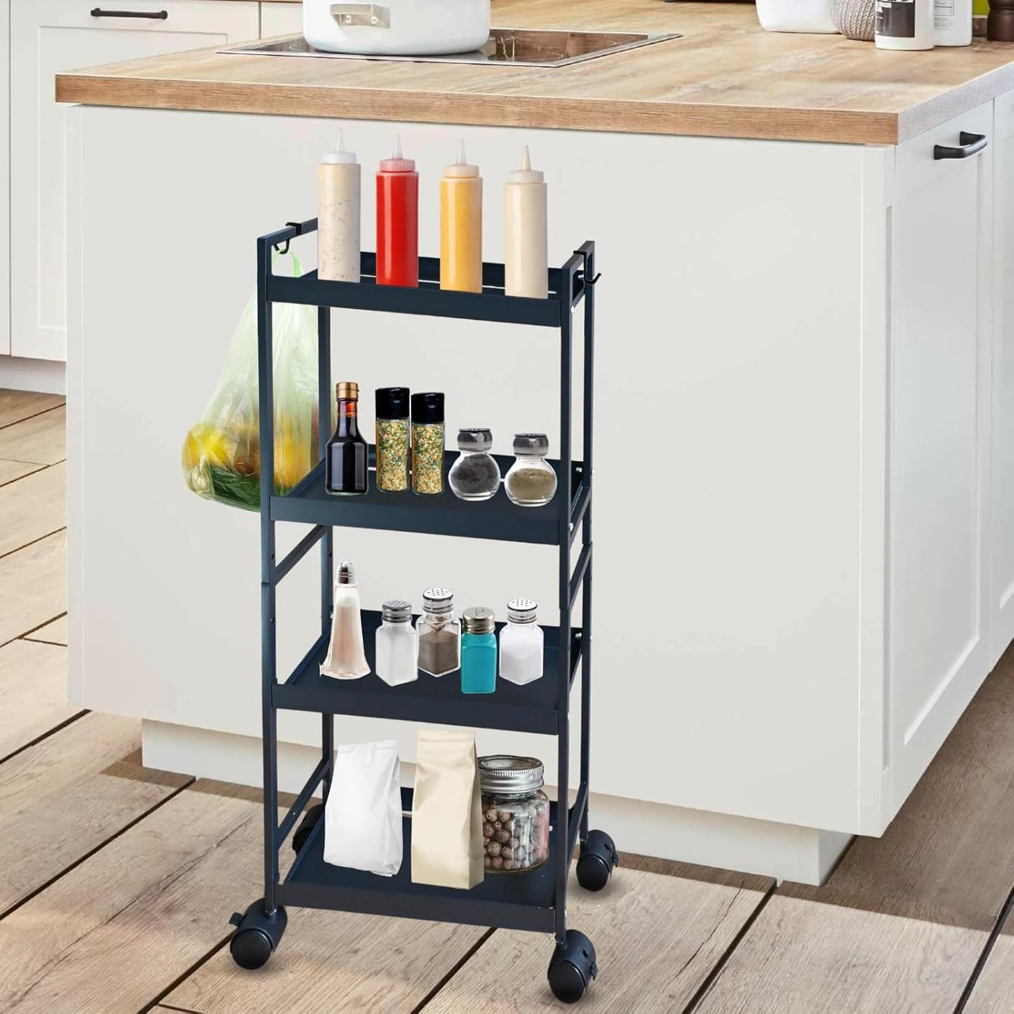 Beyeutao 4 Tier Slim Storage Cart with Wheels Black Rolling Utility Cart Bathroom Storage Organizer Narrow Storage Cabinet for Kitchen, Bedroom, Laundry Room, Bathroom
