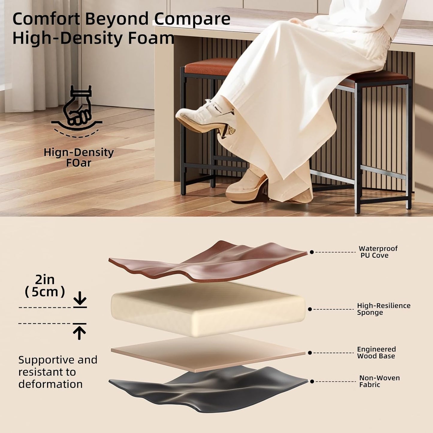 Bar Stools, Bar Chairs, Counter Height Bar Stools, Kitchen Counter Stools with Footrests, Synthetic Leather Mid-Century Modern, 25-Inch Tall, for Kitchen, Dining Room, Counter, Bar, Cafe