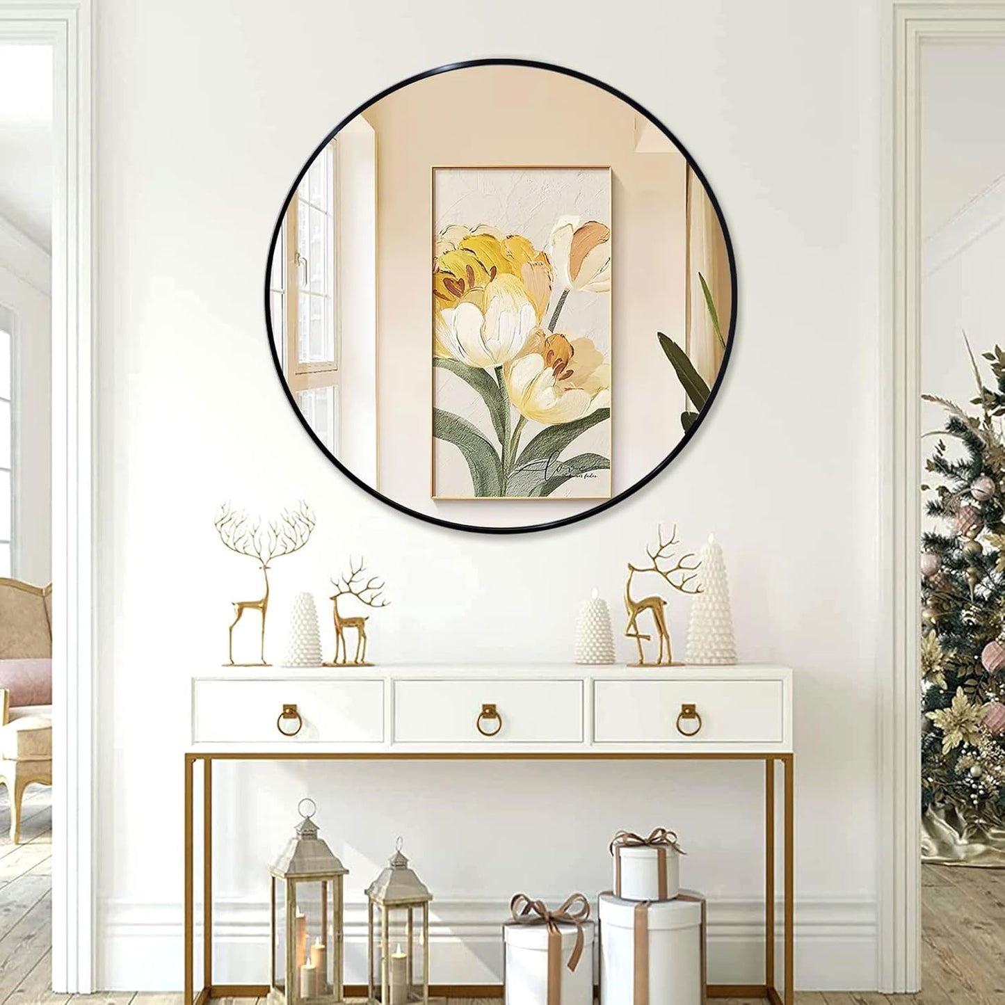 36 inch Large Black Round Mirror for Wall Decor, Brushed Metal Framed Circle Mirror for Bathroom, Vanity, Bedroom, Living Room, Entryway Decor