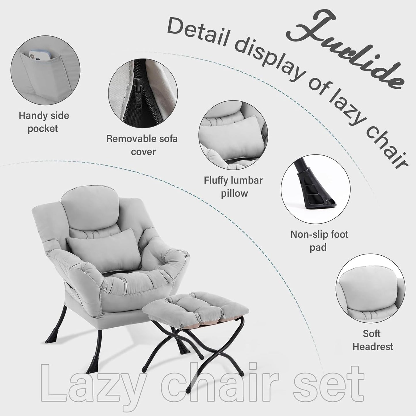 Lazy Chair with Ottoman, Modern Lounge Chair with Lumbar Pillow, Accent Cozy Reading Armchair and Folding Footstool for Bedroom, Dorm, Living Room,Light Grey
