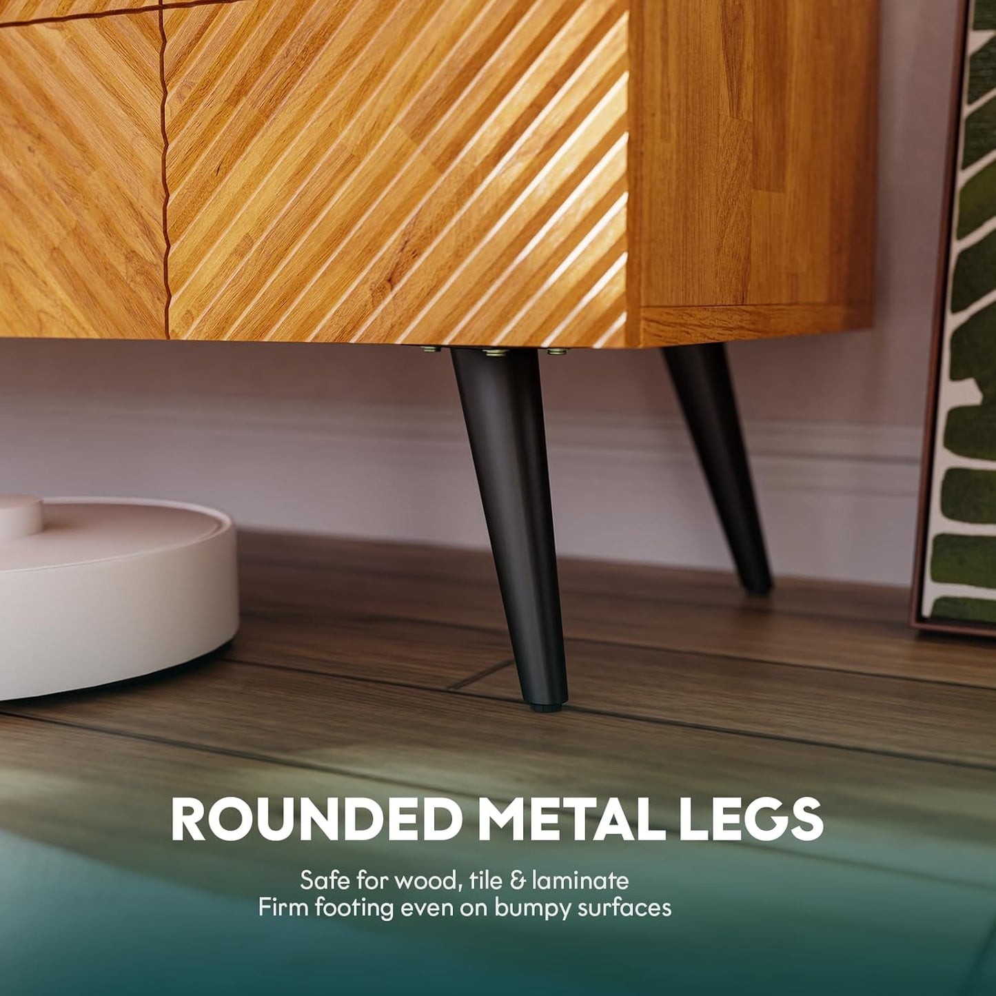 Bme Rhombus Wooden TV Stand with Storage Cabinets – Solid Acacia Wood, Geometric Rhombus Pattern Doors, Scandinavian Modern Entertainment Console with Metal Base