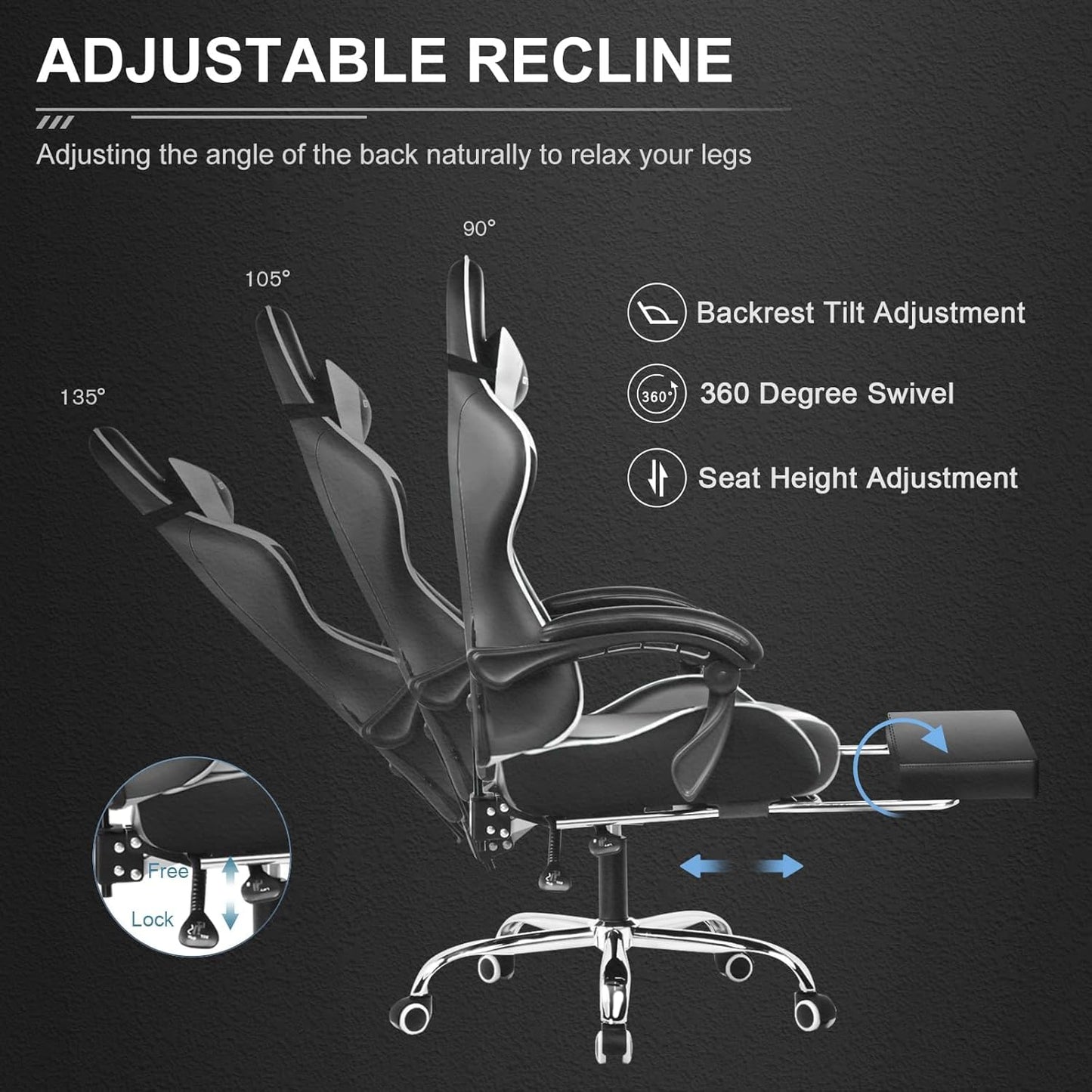 GTPLAYER Gaming Chair, Computer Chair with Footrest and Lumbar Support, Height Adjustable Game Chair with 360°-Swivel Seat and Headrest and for Office or Gaming (Snow White)
