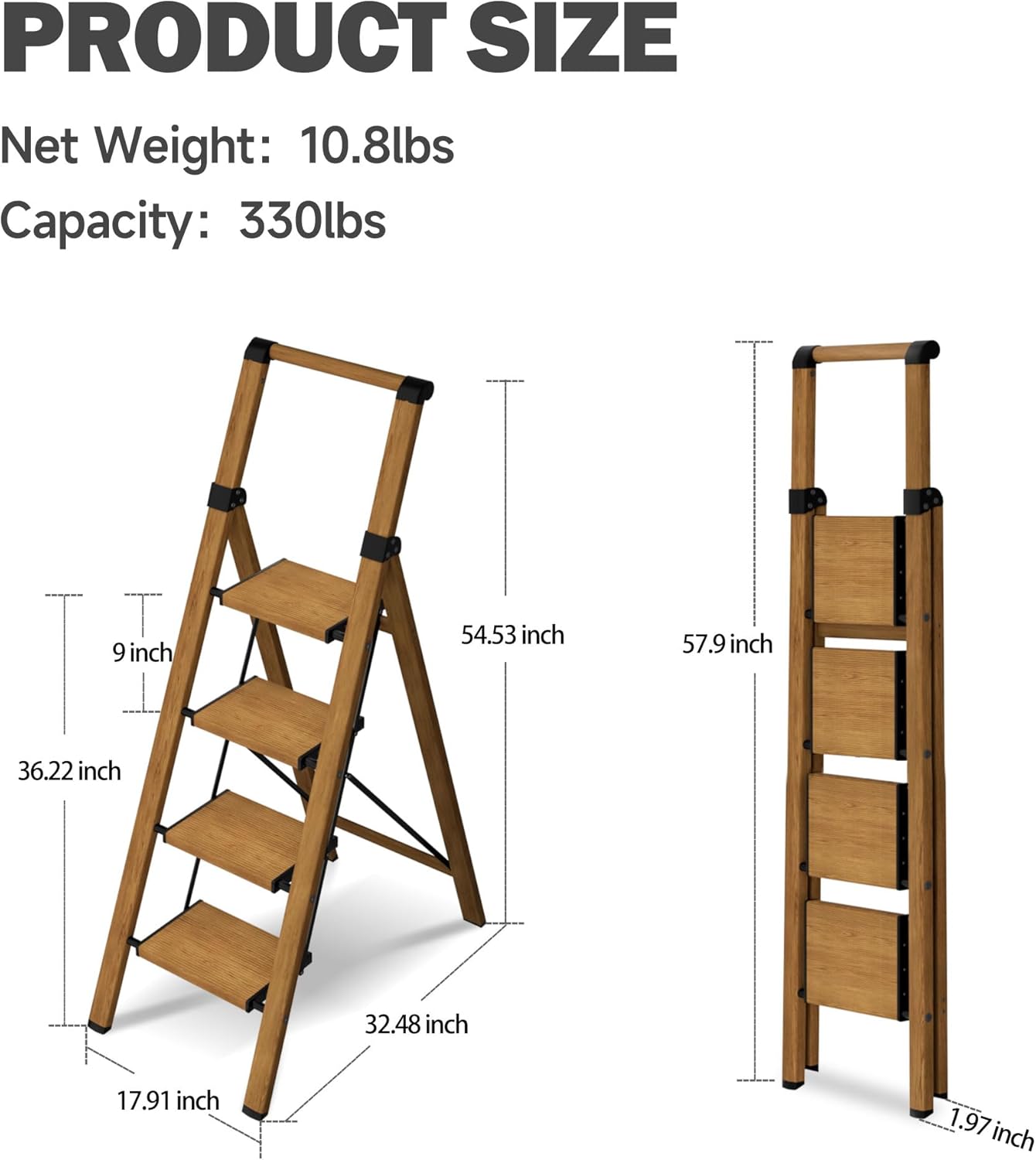4 Step Ladder,Lightweight Folding Step Stool with Aluminum Wide Pedal& Convenient Handgrip,330lbs Capacity Steel Ladder for Household and Office(Woodgrain)