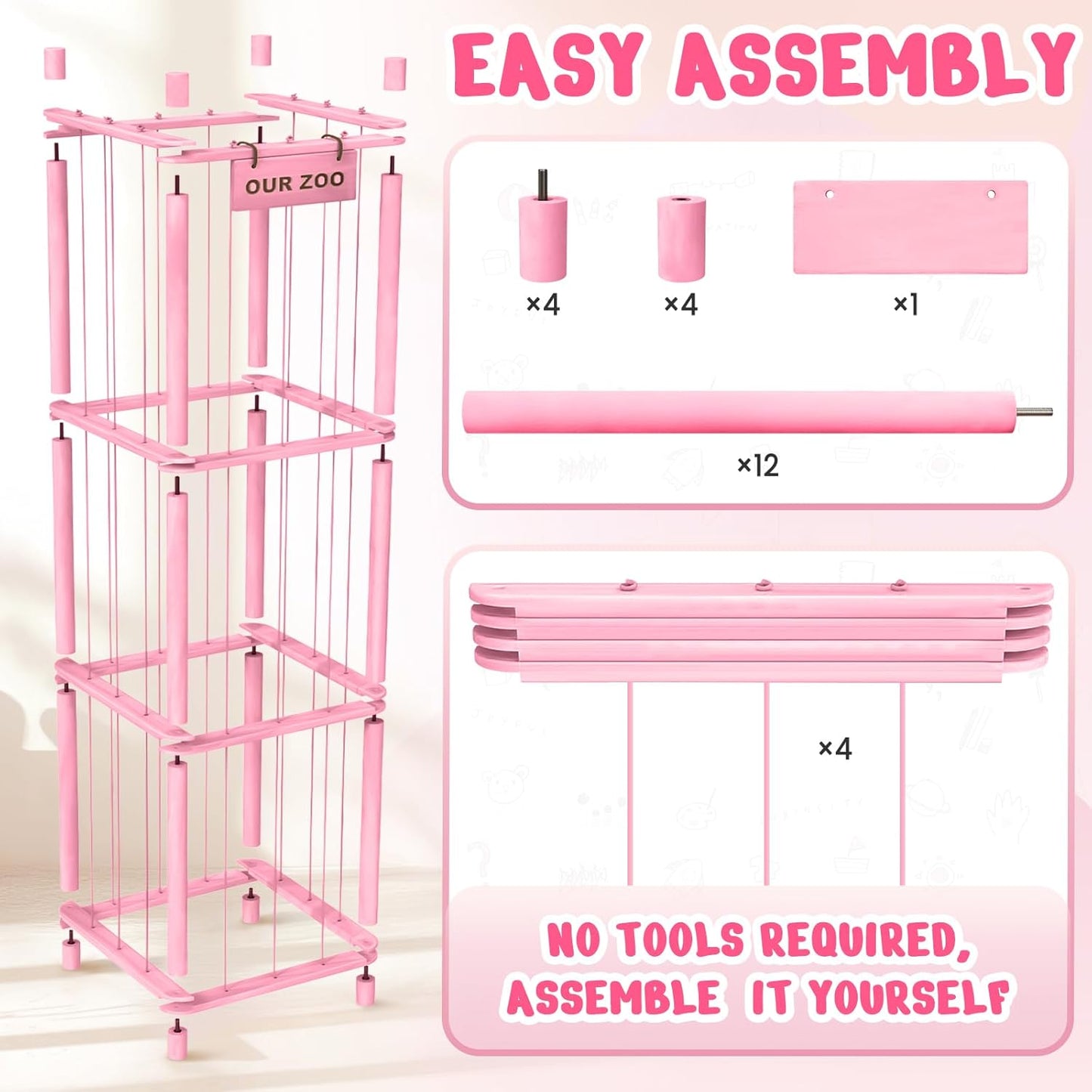 Stuffed Animal Storage & Organizer, Wooden Cute Zoo Toy Holder for Toddler Rooms, Playrooms & Bedrooms(Pink)