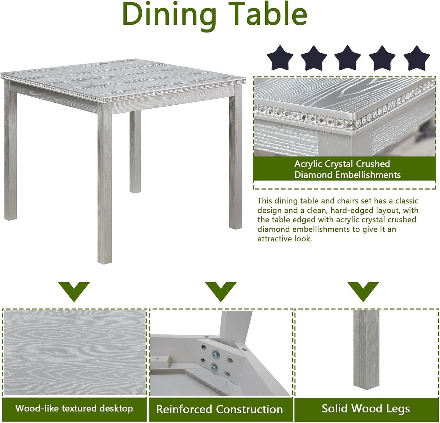 Ball & Cast 5 Piece Dining Table Set,Kitchen Table Set for 4 W/ 34.5" Square Wooden Dining Table,Living Room Furniture W/ 4 Upholstered Chairs,for Dining Room,Kitchen,Restaurant,Silver Gray