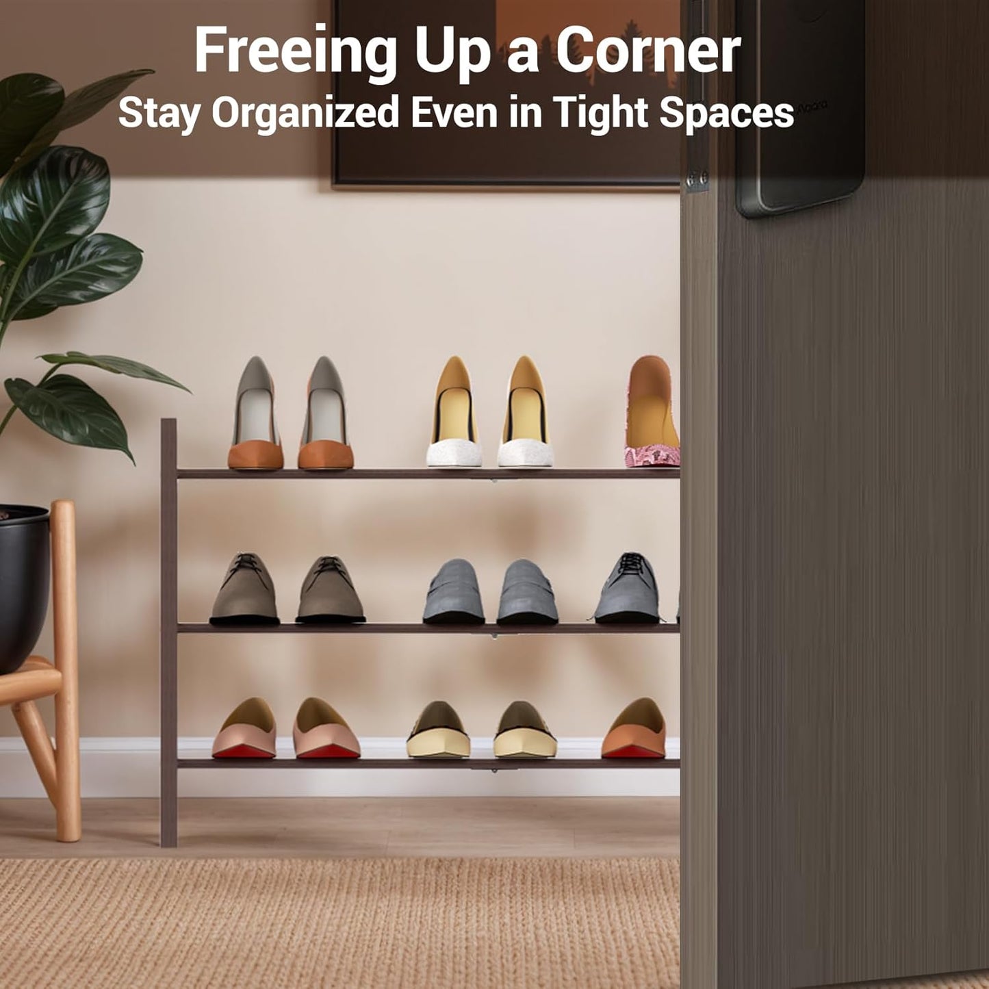 Haddockway Bamboo Shoe Rack for Closet, Free Standing Shoe Organizer with Smooth Round Rods & Convenient Handles, Stackable Shoe Storage Shelf for Entryway, Hallway(Brown, 3-Tier)