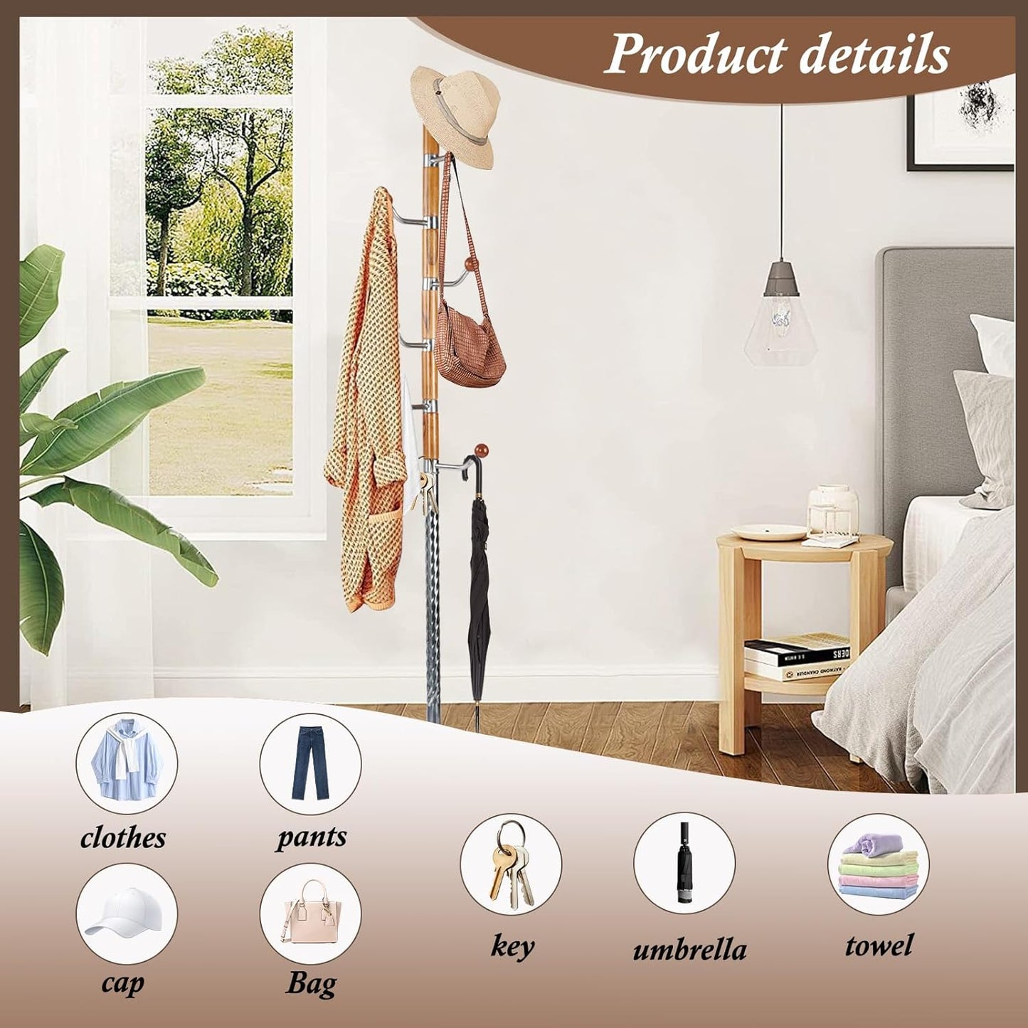 Wooden Coat Rack Freestanding, Vintage Coat Racks with Sturdy Round Base, Adjustable Height 37.40"-72.83" Entrance Coat Rack for Bedroom Living Room Entryway (Solid Wood Metal Hook)