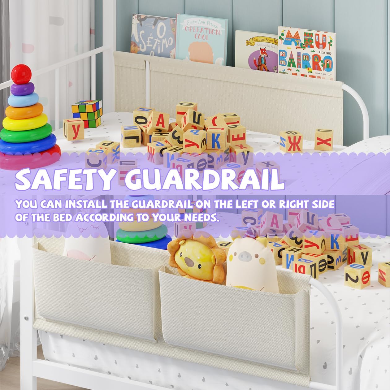 Timy House Shape Twin Size Montessori House Bed Metal Floor Bed with Caddy Twin Bedframe for Kids No Box Spring Needed White