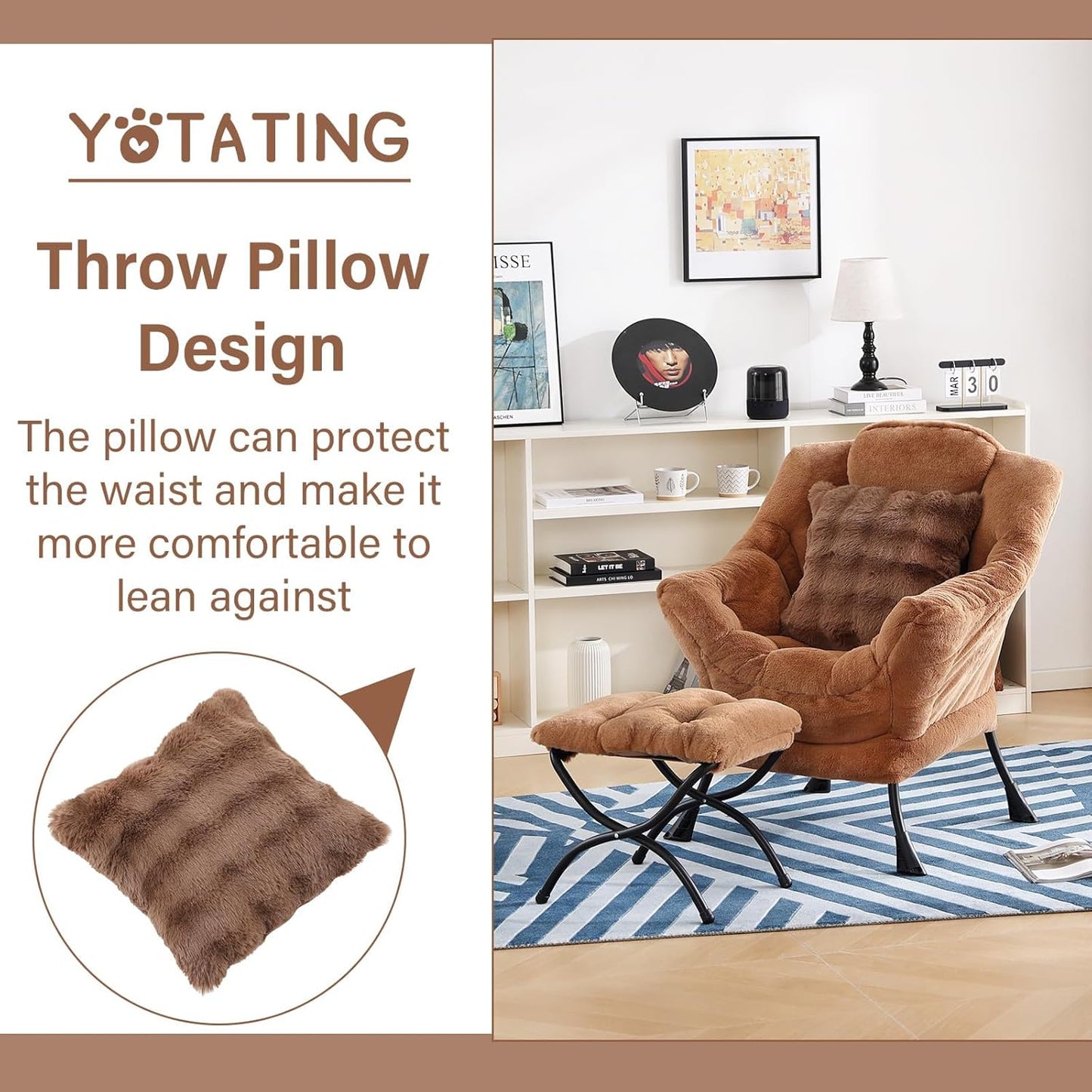 Lazy Chair with Ottoman, Comfy Reading Chair with Footstool & Throw Pillow Modern Lounge Accent Chair with Armrests & Side Pocket for Living Room, Bedroom, Dorm Room, Office, Plush Brown