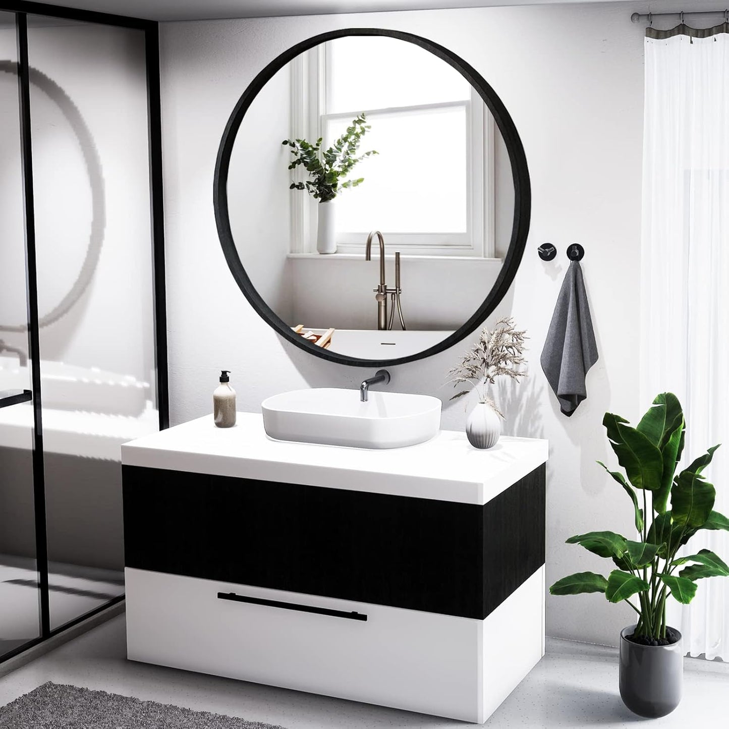 HOMECOOKIN Wood Round Wall Mirror, Large Circle Rustic Accent Decor Mirror, Hanging Bathroom with Frame for Living Room, Bedroom, Entryway, 24 inch, Black