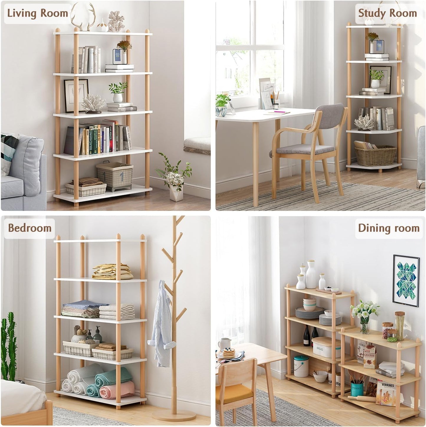 IOTXY 4-Tier Wooden Shelf Bookcase - Modern Open Bookshelf, Free Standing Storage Rack, Multifunctional Display Stand for Home and Office, White, Rectangle
