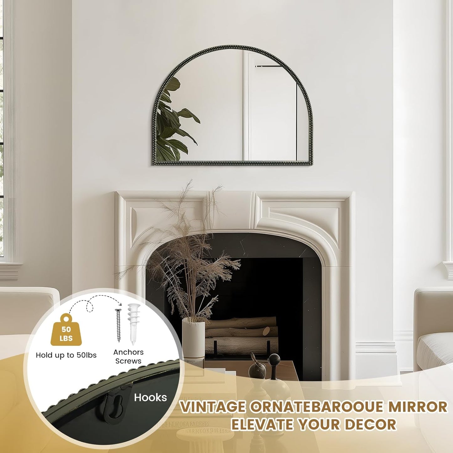 WallBeyond Black Vintage Mirror for Vanity 32x24 Inch, Gold Antique Mirror with Ornate Beaded Frame for Bathroom, Living Room, Fireplace, Entryway