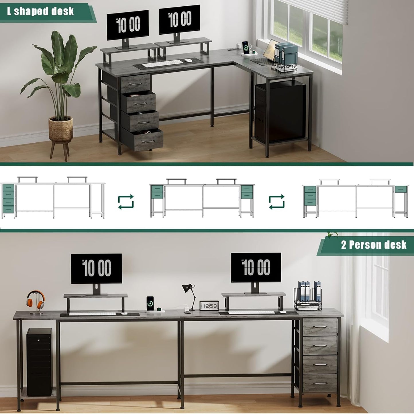 59 inch L Shaped Computer Desk with Power Outlets, Home Office Desk with 4 Adjustable Storage Drawers & 2 Monitor Stands, Two Person Gaming Table for Bedroom, Grey