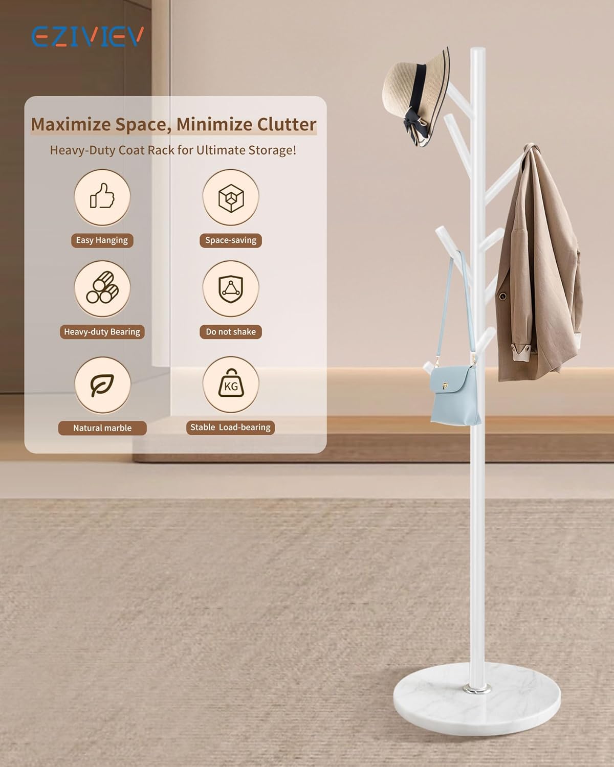 EZIVIEZ Modern Coat Rack Stand, Metal Freestanding Coat Rack with Natural Marble Base, White Coat Racks with 8 Hooks and Coat Hanger Tree Jacket Stand for Office, Entryway, Hallway