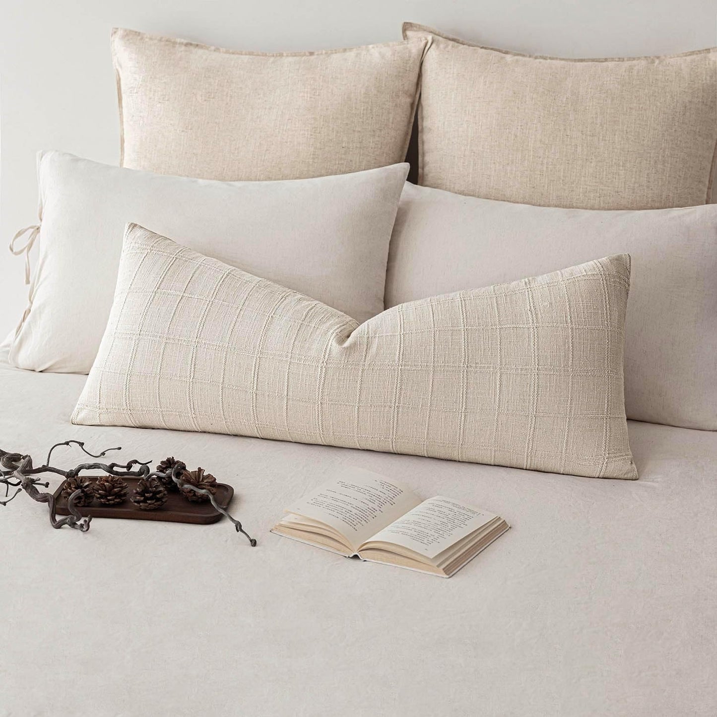 Foindtower Set of 2 Decorative Linen Check Throw Pillow Covers Neutral Long Body Lumbar Cushion Covers Farmhouse Vintage Home Decor for Sofa Chair Couch Bedroom Living Room,14×36 Inch,Natural Beige