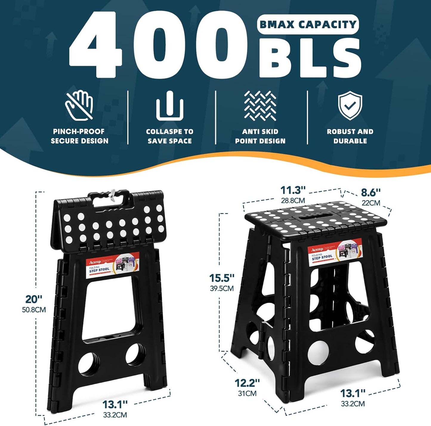 ACSTEP Folding Step Stool 16 Inch Heavy Duty Step Stool Foldable for Adults and Kids, Collapsible Stepping Stool with Handle, Non Slip Folding Stools for Kitchen Hold Up to 400lbs (Black 1PC)