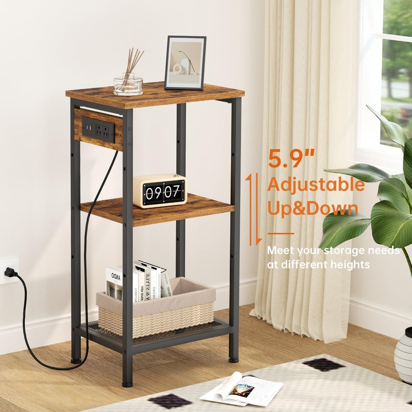Tall End Table with Fast Charging Station, 3 Tier Narrow Side Table with Outlets and USB Ports & Type-C, Nightstand with Storage, Bedside Table Stand for Bedroom, Living Room, Rustic Brown