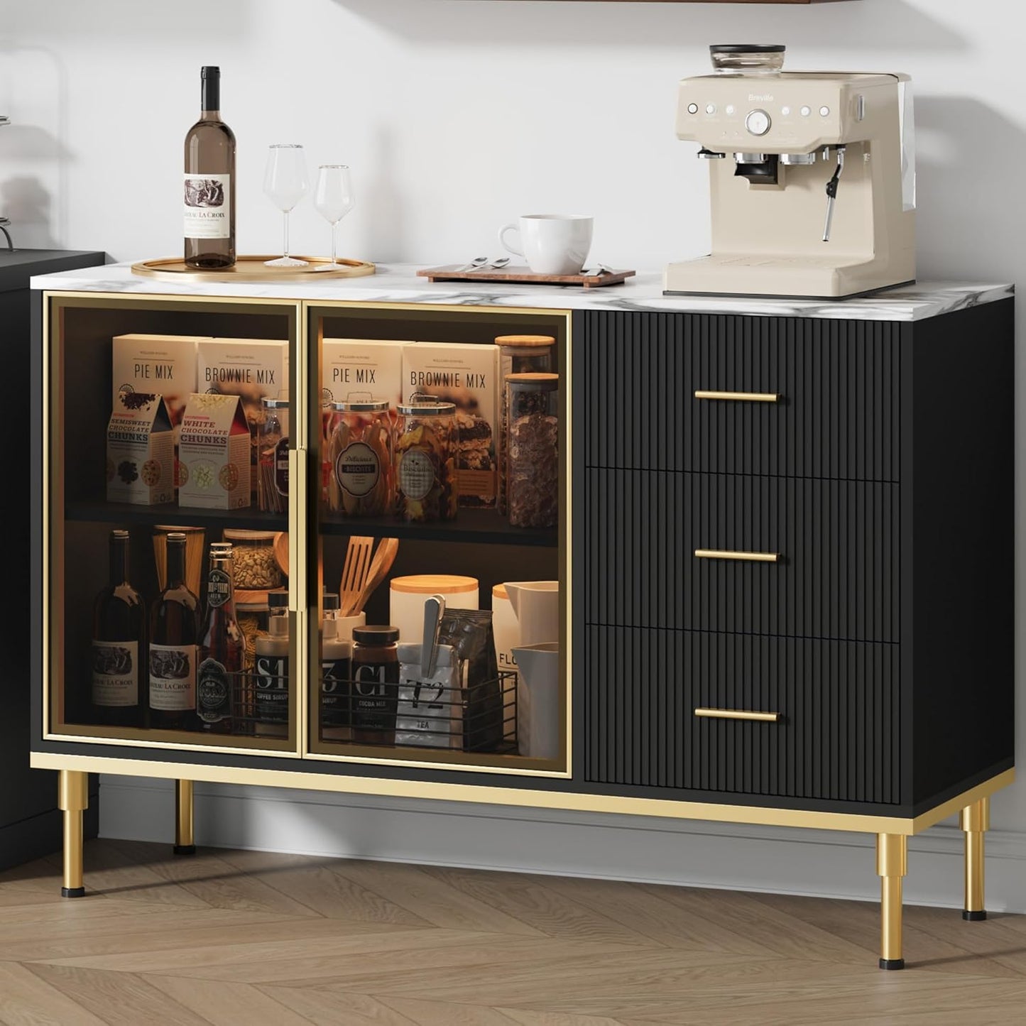 Buffet Sideboard Cabinet with Storage, 46.4" Large Fluted Kitchen Sideboard Cabinet with 2 Glass Doors 3 Drawers and Shelves, Faux Marble Top Buffet Table for Dining Room, Living Room, Black