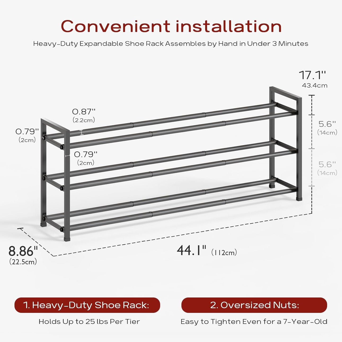 Bumusty 3-Tier Long Expandable Shoe Rack for Closet, 18"-44" Adjustable Shoe Rack for Entryway, 15-18 Pairs Large Shoe Organizer Shelf Storage, Sturdy Metal, Grey