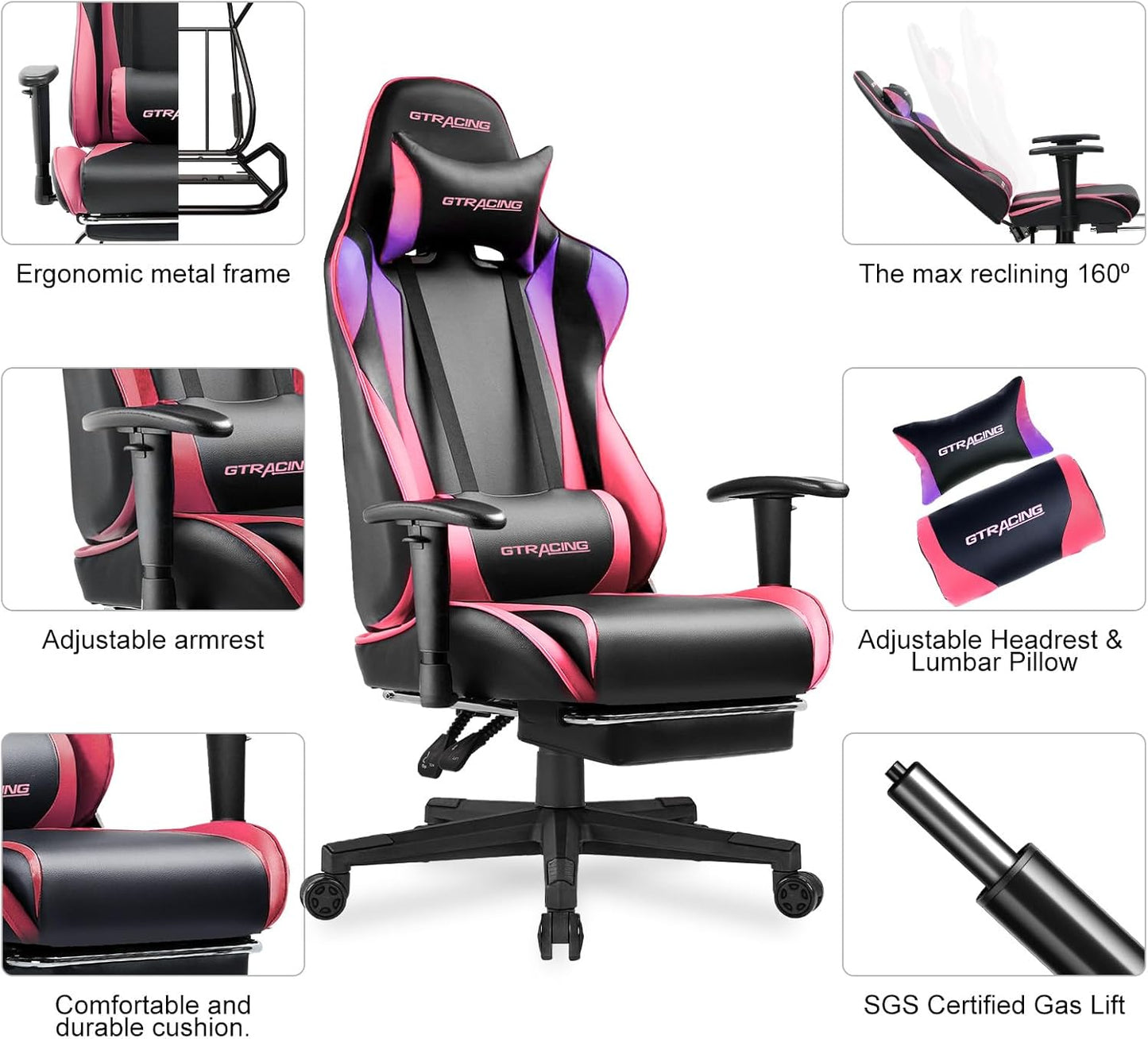 GTRACING Gaming Chair with Footrest, Ergonomic Computer Game Desk Chair, Reclining Gaming Chair Seat Height Adjustment, Swivel Rocker with Headrest and Lumbar (Colorful)