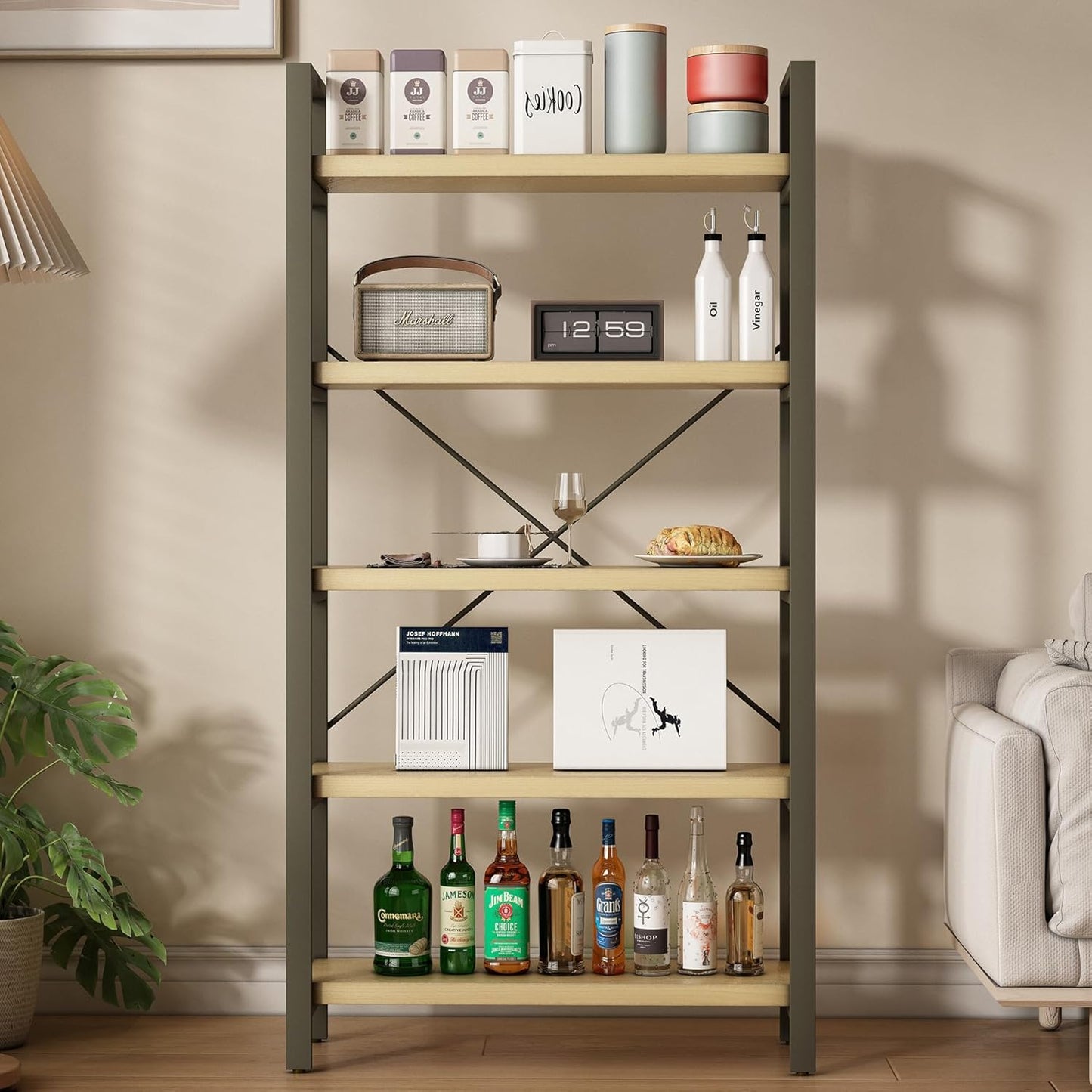 Real Solid Wood Rustic Vintage Industrial Etagere Bookshelf, Metal & Timber Free Vintage Bookcase, Retro Brown (Genuine Timber) (5-Tiers-Real Wood)