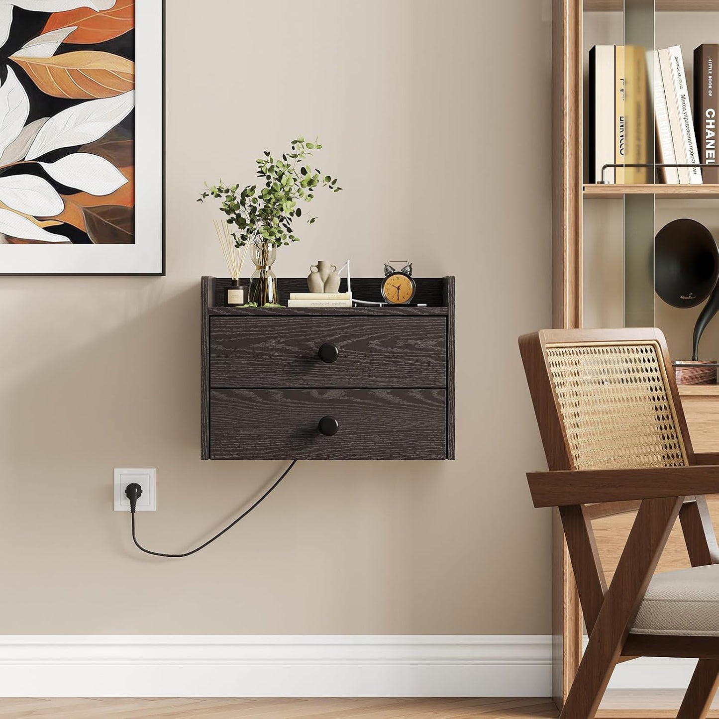 Floating Nightstand Set of 2 with 2 Storage Drawers and Charging Station Wood Wall Mounted Bedside End Table Modern Night Stands Set 2 for Bedroom,Small Space,Black